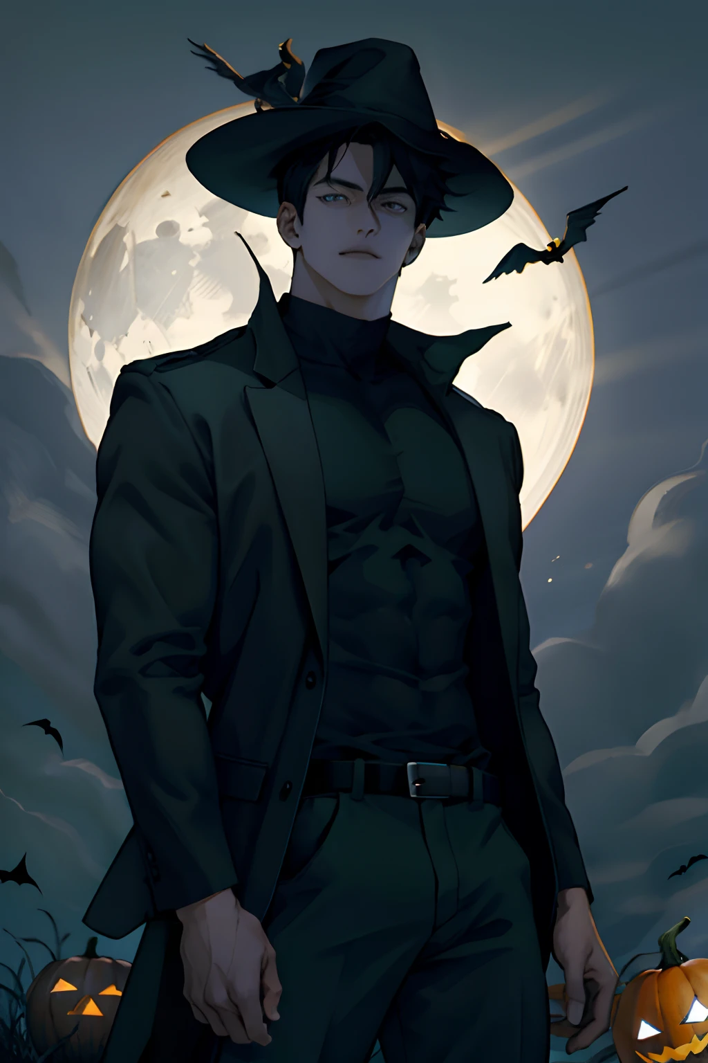obra maestra, mejor calidad, 1 hombre, Yoo Joonghyuk, 25-years old, alto y musculoso, guapo, ojos finamente detallados, detalles intrincados, mago, disfraz de mago, halloween, sombrero negro con ala puntiaguda, palo de escoba con mango tallado, libro de hechizos con una variedad de hechizos, botellas de pociones con varios ingredientes, taberna decorada con hallowen, bar con bebidas., cuerpo completo, cuerpo definido, cuerpo completo, Impresionante realista, nocturno, RAW photograph, cuerpo definido,maximalismo, Renderizado de octanaje, irreal, 8k, profundidad de campo, Bokeh, ojos grises, Cara sin pelo, tinta negra, 8k, hiperreal, 50mm, Kodak Portra 400, photograph by Martin Schoeller, luz de luna, piel natural, Textura real de la piel