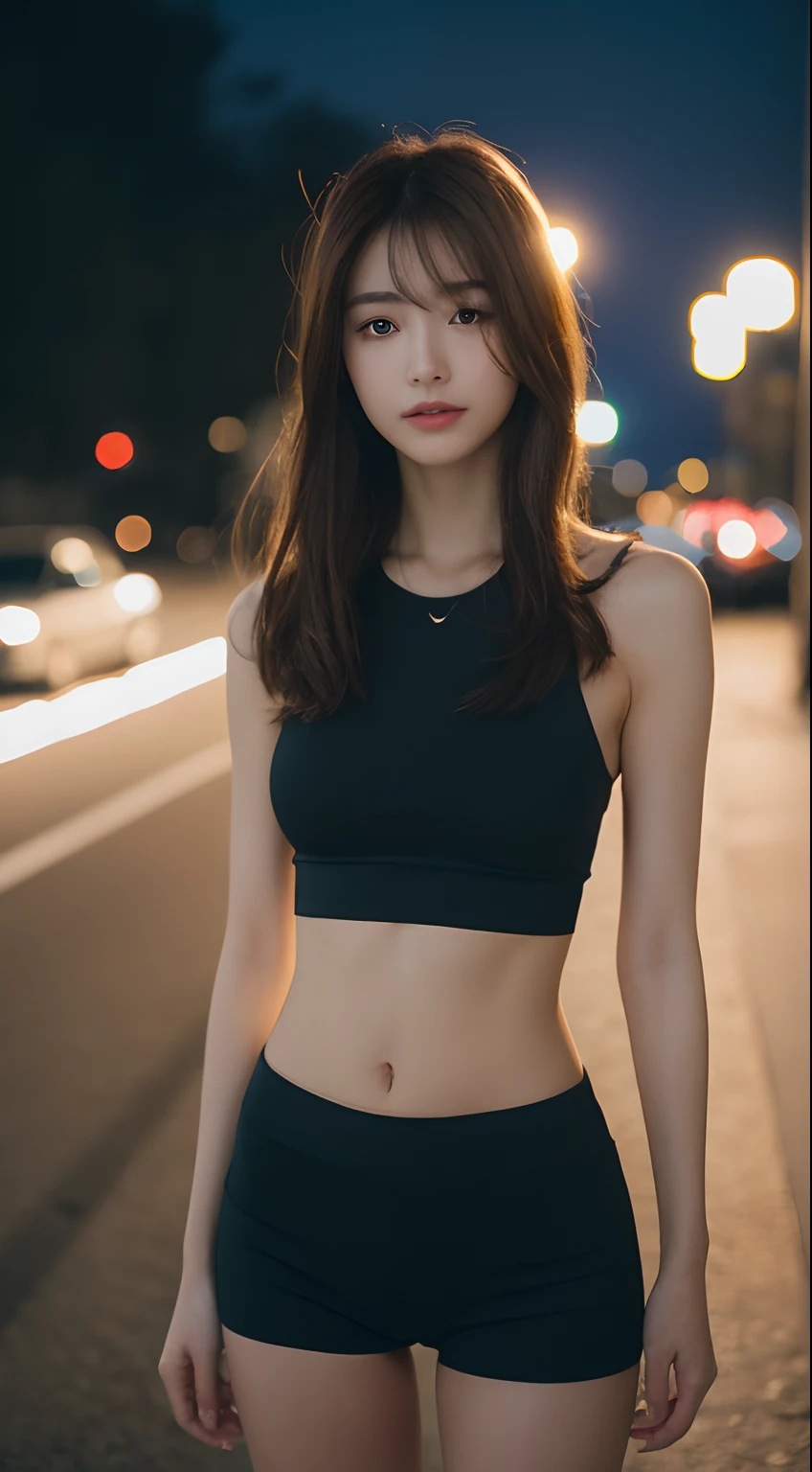 ((photorealistic lighting, Top  Quality, 8K, ​masterpiece: 1.3)), Clear Focus: 1.2, 1girl, Perfect Figure: 1.4, Slim Abs: 1.1, ((Dark-brown hair)), (Crop tops in different colors: 1.4), (plein air, nighttime: 1.1), City streets, Ultra-fine face, Fair eyes, Double eyelidd, idol,