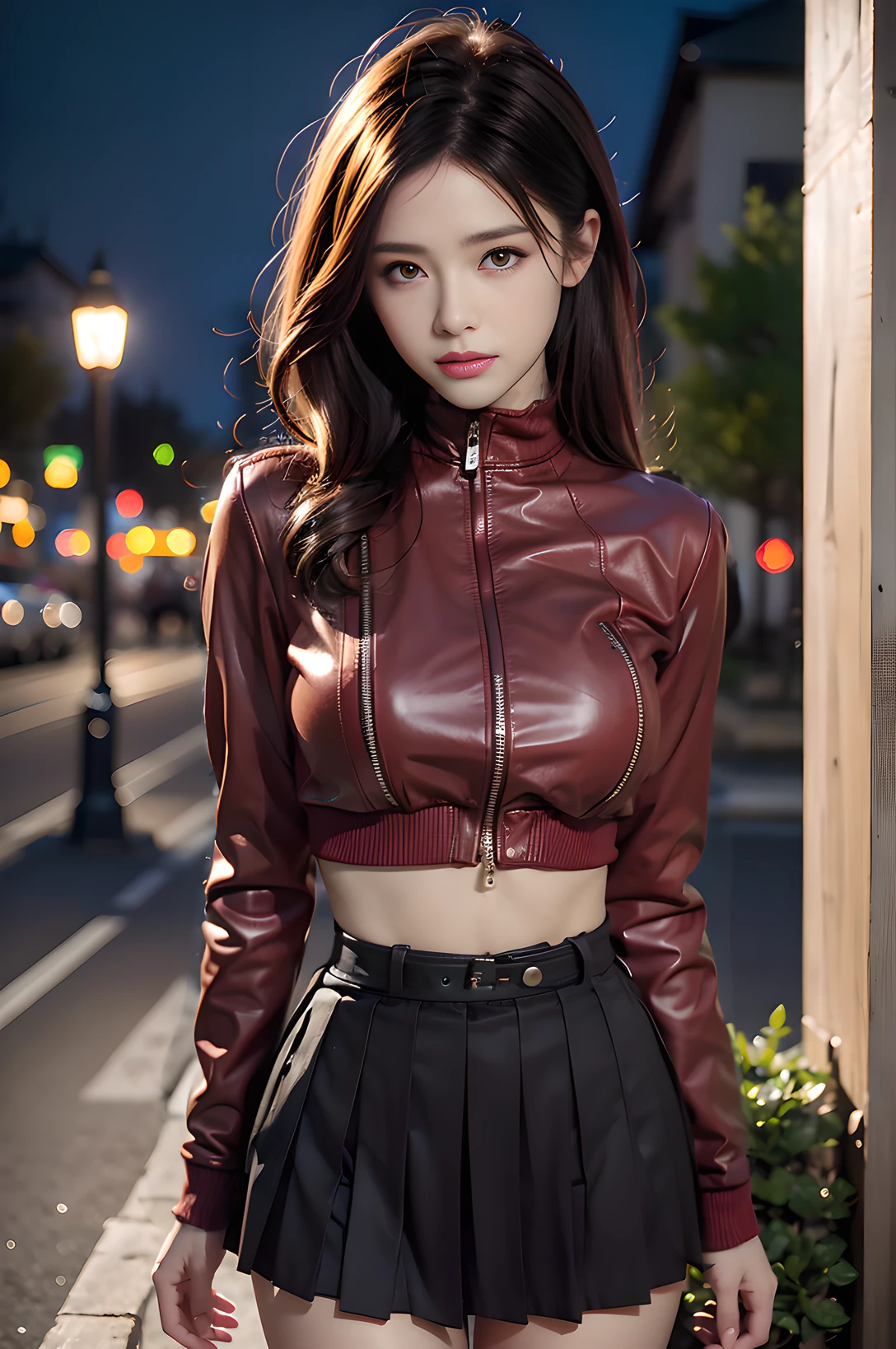 stylish red copper leather rider jacket, burgundy high-neck sweater,