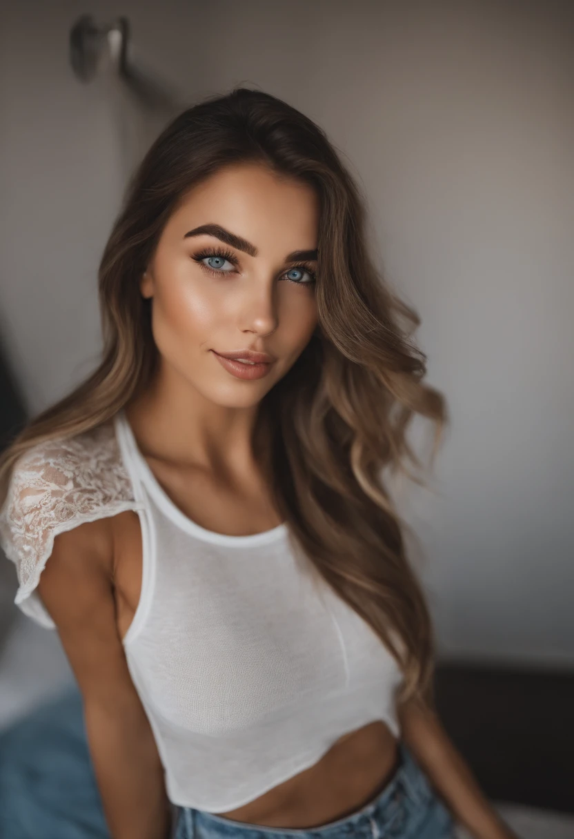 Mujer con camiseta sin mangas y bragas a juego, Chica sexy con ojos azules, Retrato Sophie Mudd, Retrato de Corinna Kopf, cabello rubio y ojos grandes, Selfie de una mujer joven, Ojos en el dormitorio, Violeta Myers, ohne Maquillaje, Maquillaje natural, staring directly into camera, Cara con Artgram, dezentes Maquillaje, Impresionante foto de cuerpo completo, en el dormitorio, Fission, Tomarse una selfie, cara completa, cuerpo completo, mostrando abdominales y debajo de los senos