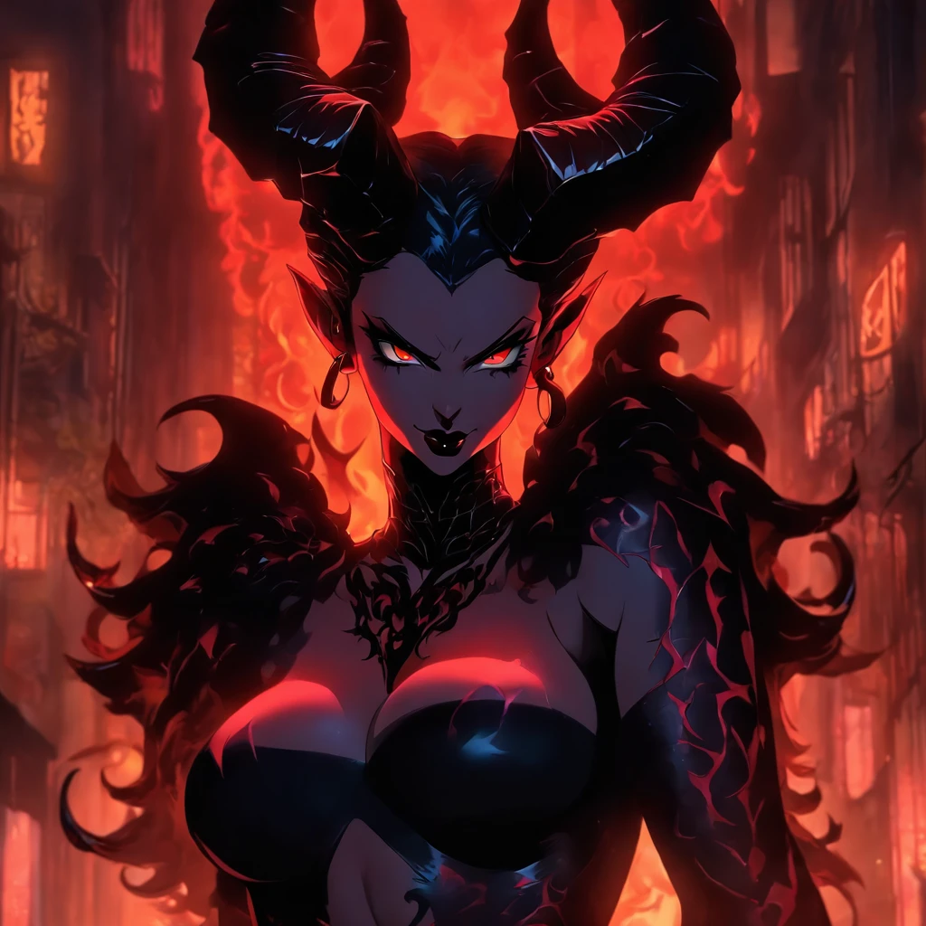 (best quality,4k,8k,highres,masterpiece:1.2),ultra-detailed,(realistic,photorealistic,photo-realistic:1.37),hot thicc succubus mama with long black hair, intense black lips, wearing a revealing black leather outfit adorned with BDSM elements. Her attire consists of a seductive bustier, accentuating her voluptuous figure. Her skin is a captivating shade of fiery red, exuding a demonic allure. Elegantly sprouting from her back are a pair of majestic demon wings, exquisitely detailed with intricate patterns. Atop her head, she possesses mesmerizing tiefling horns, exemplifying her otherworldly presence. The artwork should capture her enticing aura, showcasing her confidence and power. The light in the scene should emphasize the seductive curves of her body, casting dramatic shadows and highlights. The color palette should evoke a sense of darkness and desire, with rich contrasting tones of black, red, and deep maroons.