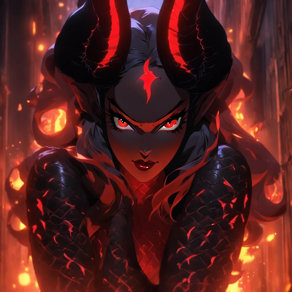 (best quality,4k,8k,highres,masterpiece:1.2),ultra-detailed,(realistic,photorealistic,photo-realistic:1.37),hot thicc succubus mama with long black hair, intense black lips, wearing a revealing black leather outfit adorned with BDSM elements. Her attire consists of a seductive bustier, accentuating her voluptuous figure. Her skin is a captivating shade of fiery red, exuding a demonic allure. Elegantly sprouting from her back are a pair of majestic demon wings, exquisitely detailed with intricate patterns. Atop her head, she possesses mesmerizing tiefling horns, exemplifying her otherworldly presence. The artwork should capture her enticing aura, showcasing her confidence and power. The light in the scene should emphasize the seductive curves of her body, casting dramatic shadows and highlights. The color palette should evoke a sense of darkness and desire, with rich contrasting tones of black, red, and deep maroons.