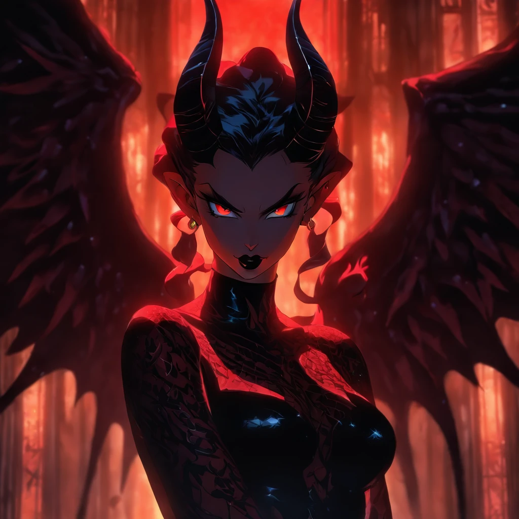 (best quality,4k,8k,highres,masterpiece:1.2),ultra-detailed,(realistic,photorealistic,photo-realistic:1.37),hot thicc succubus mama with long black hair, intense black lips, wearing a revealing black leather outfit adorned with BDSM elements. Her attire consists of a seductive bustier, accentuating her voluptuous figure. Her skin is a captivating shade of fiery red, exuding a demonic allure. Elegantly sprouting from her back are a pair of majestic demon wings, exquisitely detailed with intricate patterns. Atop her head, she possesses mesmerizing tiefling horns, exemplifying her otherworldly presence. The artwork should capture her enticing aura, showcasing her confidence and power. The light in the scene should emphasize the seductive curves of her body, casting dramatic shadows and highlights. The color palette should evoke a sense of darkness and desire, with rich contrasting tones of black, red, and deep maroons.