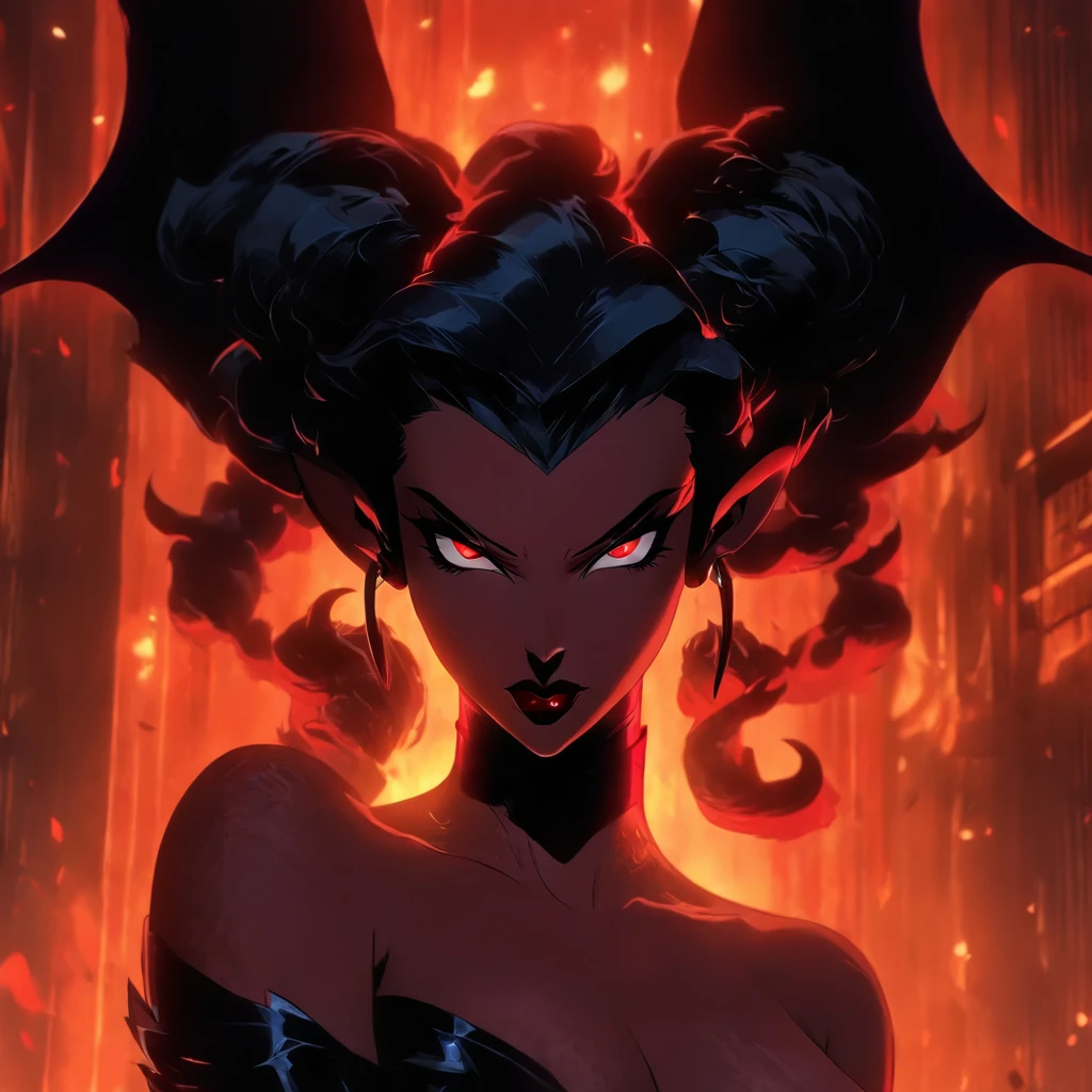 (best quality,4k,8k,highres,masterpiece:1.2),ultra-detailed,(realistic,photorealistic,photo-realistic:1.37),hot thicc succubus mama with long black hair, intense black lips, wearing a revealing black leather outfit adorned with BDSM elements. Her attire consists of a seductive bustier, accentuating her voluptuous figure. Her skin is a captivating shade of fiery red, exuding a demonic allure. Elegantly sprouting from her back are a pair of majestic demon wings, exquisitely detailed with intricate patterns. Atop her head, she possesses mesmerizing tiefling horns, exemplifying her otherworldly presence. The artwork should capture her enticing aura, showcasing her confidence and power. The light in the scene should emphasize the seductive curves of her body, casting dramatic shadows and highlights. The color palette should evoke a sense of darkness and desire, with rich contrasting tones of black, red, and deep maroons.