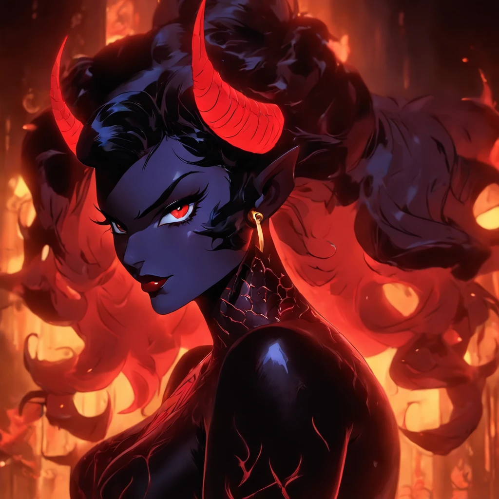 (best quality,4k,8k,highres,masterpiece:1.2),ultra-detailed,(realistic,photorealistic,photo-realistic:1.37),hot thicc succubus mama with long black hair, intense black lips, wearing a revealing black leather outfit adorned with BDSM elements. Her attire consists of a seductive bustier, accentuating her voluptuous figure. Her skin is a captivating shade of fiery red, exuding a demonic allure. Elegantly sprouting from her back are a pair of majestic demon wings, exquisitely detailed with intricate patterns. Atop her head, she possesses mesmerizing tiefling horns, exemplifying her otherworldly presence. The artwork should capture her enticing aura, showcasing her confidence and power. The light in the scene should emphasize the seductive curves of her body, casting dramatic shadows and highlights. The color palette should evoke a sense of darkness and desire, with rich contrasting tones of black, red, and deep maroons.