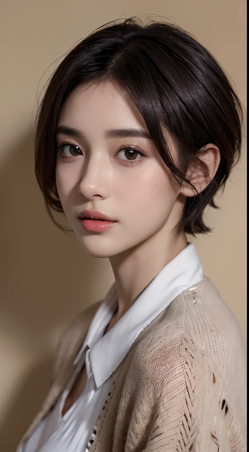 ((top-quality、8K、tmasterpiece:1.3))、1 rapariga、((beautifull detailed face)), beautiful detailed skin, intricately details, The ultra-detailliert、(Medium short hair、爆乳:1.2)、Cardigan:1.1、com rosto detalhado、A detailed eye、二重まぶた