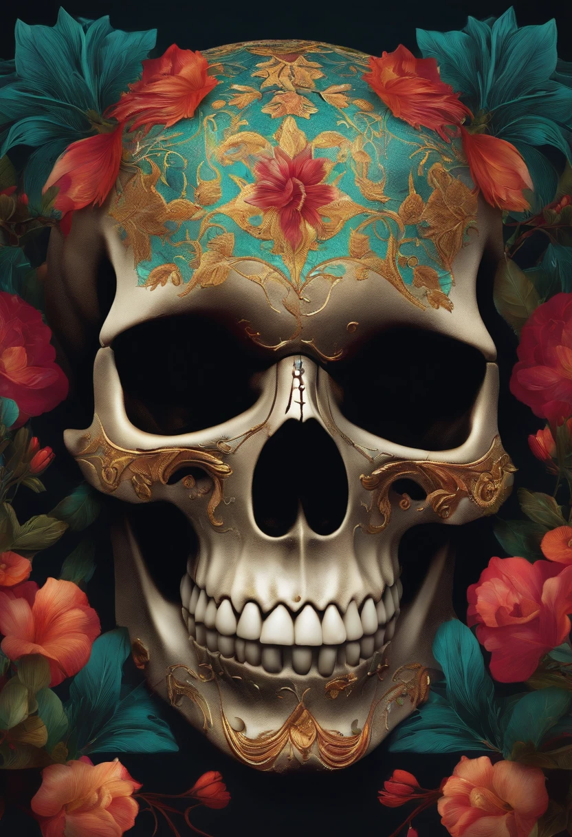 day of the dead , hooded skull with red silk cloak with a flower on its head,fantasy skull, scary detailed art in color, scary color art in 4 k, sacred skull, conjuring psychedelic background, detailed digital artwork, calavera, sacred skulls, psychedelic illustration, skull face, death skull, scary art in color, skull liminal void background, psychedelic art style