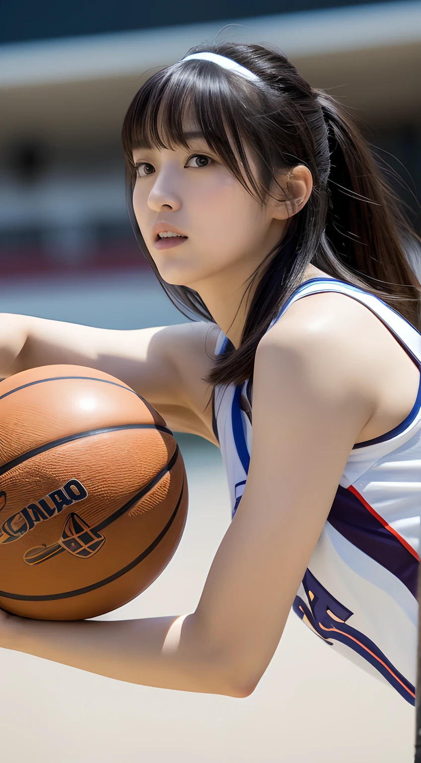 cowboy shot,looking side,dribbling a basketball,,smile,sportswear for basketball, adorable, japanese girl, Hair brown hair,Braid, hair scrunchie, (high color saturation:1.0), highest quality, ultra high resolution, photo-realistic, Super detailed, 8K, RAW photo NSFW
