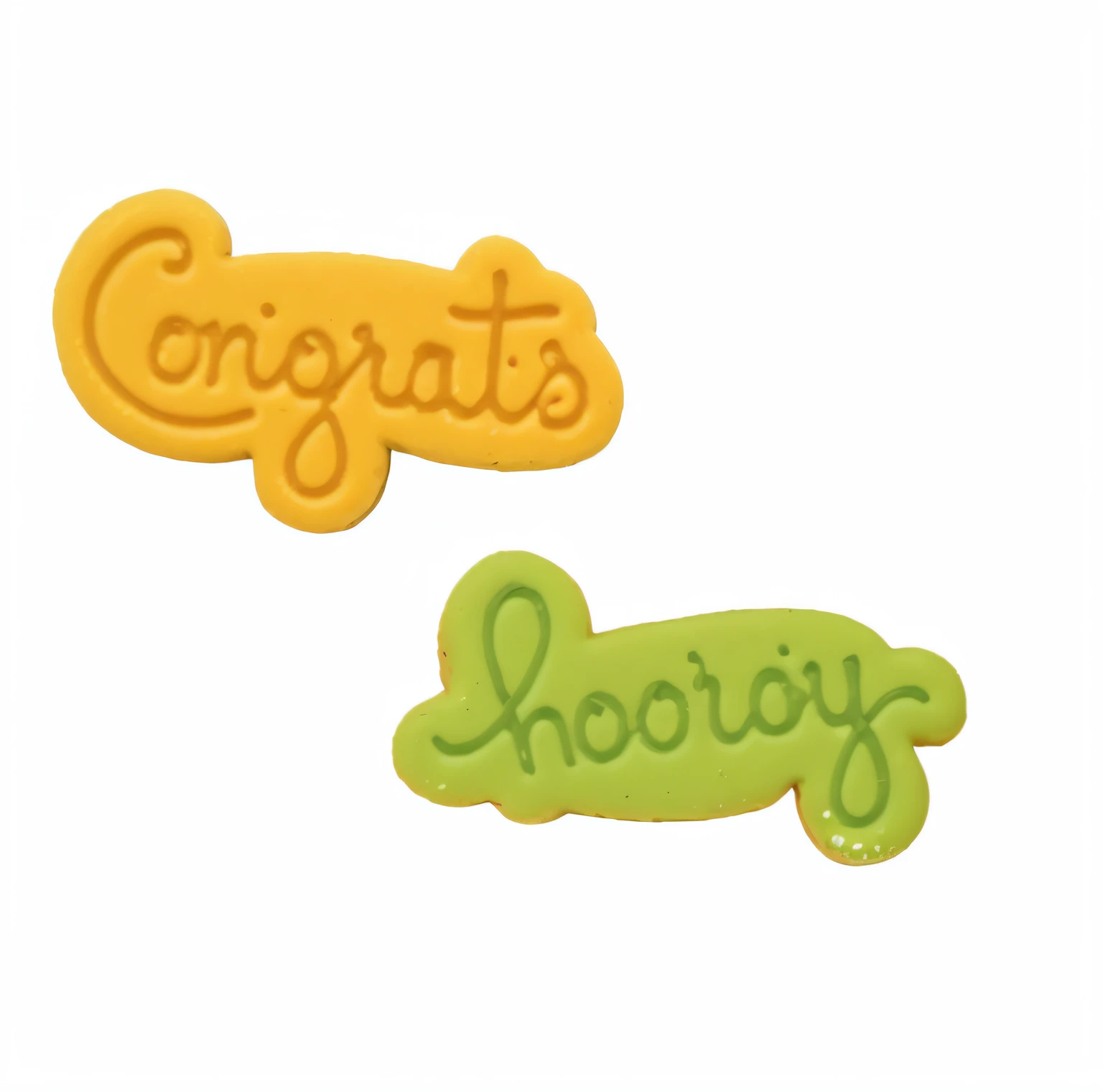There are two cookies with the word congratulations on them, Confetti, enjoyable, hight decorated, candy decorations, old school, high - tech, handwriting title on the left, Embossed, Decoration, High details!, versatile styles, rubber stamp, Very high quality, added detail, Pleasant, Very nostalgic, Decorated, good detail, sculpted, 7 7 7 7