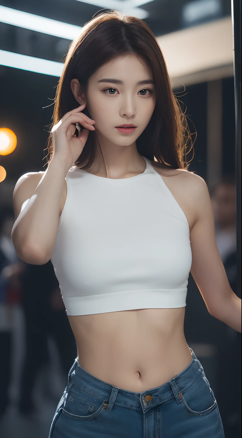 ((Realistic lighting, Best Quality, 8K, Masterpiece: 1.3)), Clear focus: 1.2, 1girl, Perfect Figure: 1.4, Slim Abs: 1.1, ((Dark brown hair)), (White dress: 1.4), (In the live room: 1.8), Super fine face, fine eyes