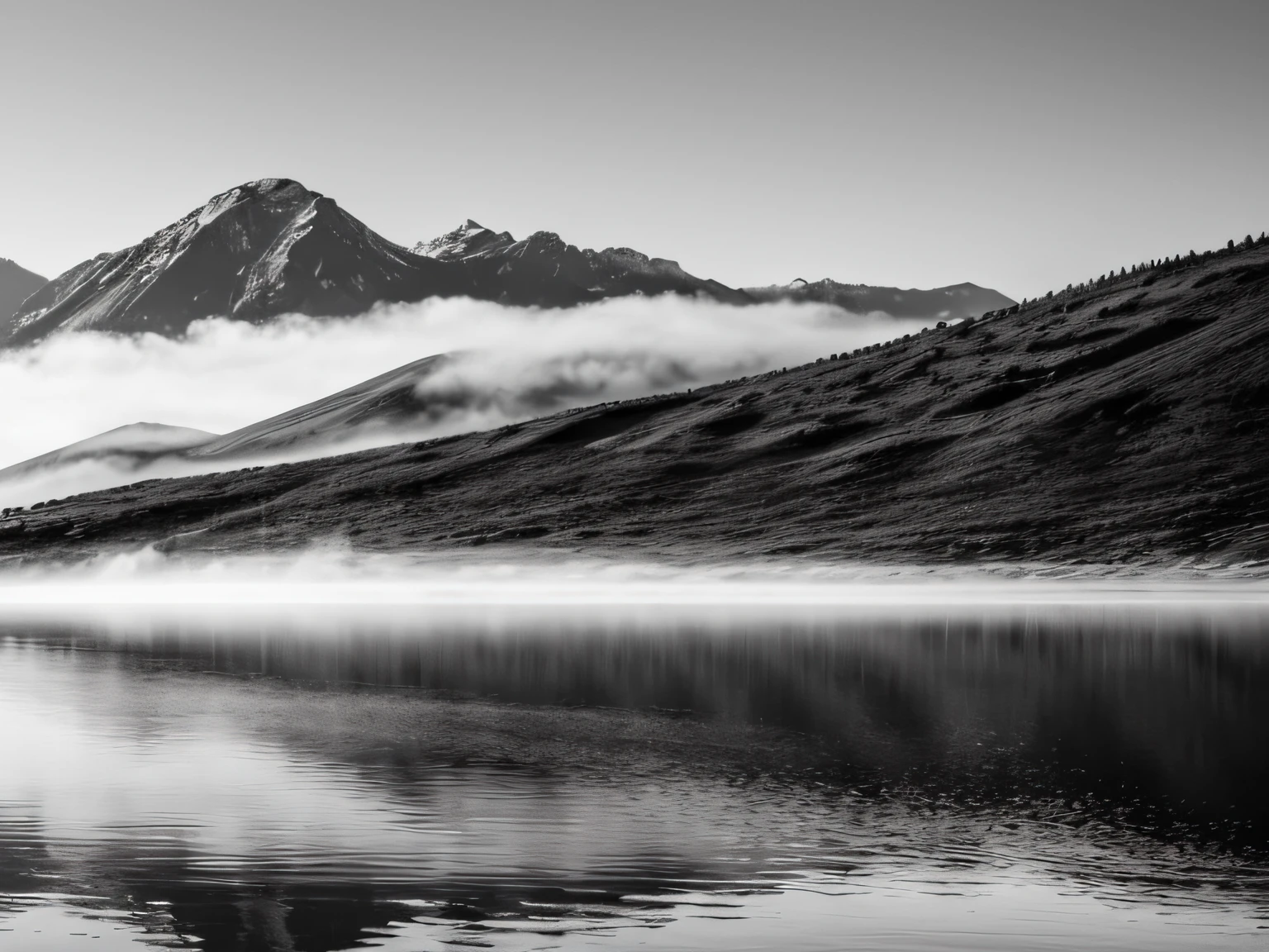Crear paisaje minimalista en blanco y negro. Calm lake with mountains and morning fog