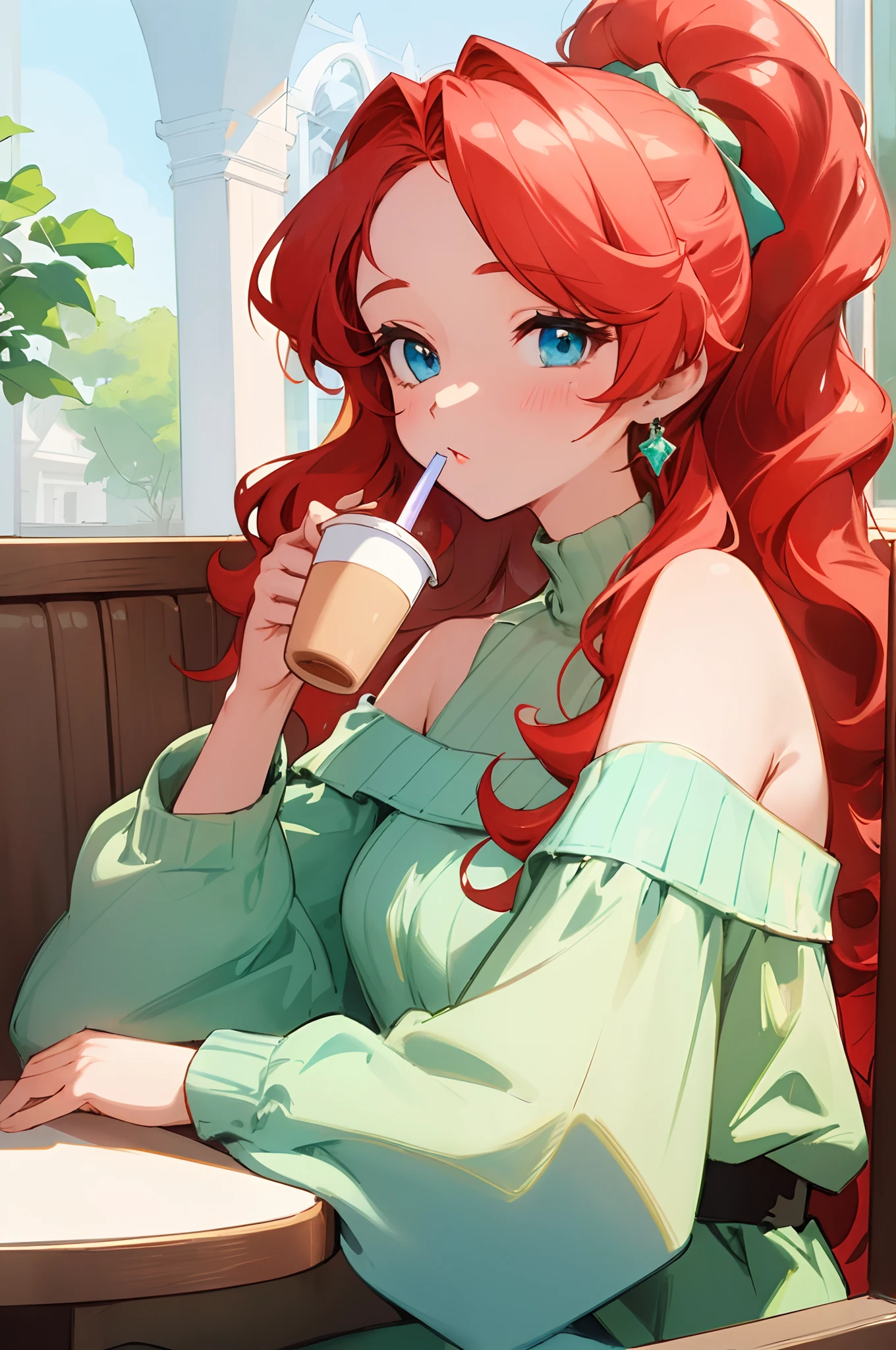 (masterpiece, best quality) detailed, 1Character , blue archive art style  , pastel washed out colors , cell shade ,Morning scene , drinking coffee, high detail in the drink , sunny day , at a coffee shop , dynamic angle ,
 
Wearing a green off the shoulder sweater, hair in a ponytail, emerald earrings, red lipstick , soft makeup , 

A beautiful mature woman , red hair ,  long hair , wavy hair , blue eyes  eyes ,  age 40,