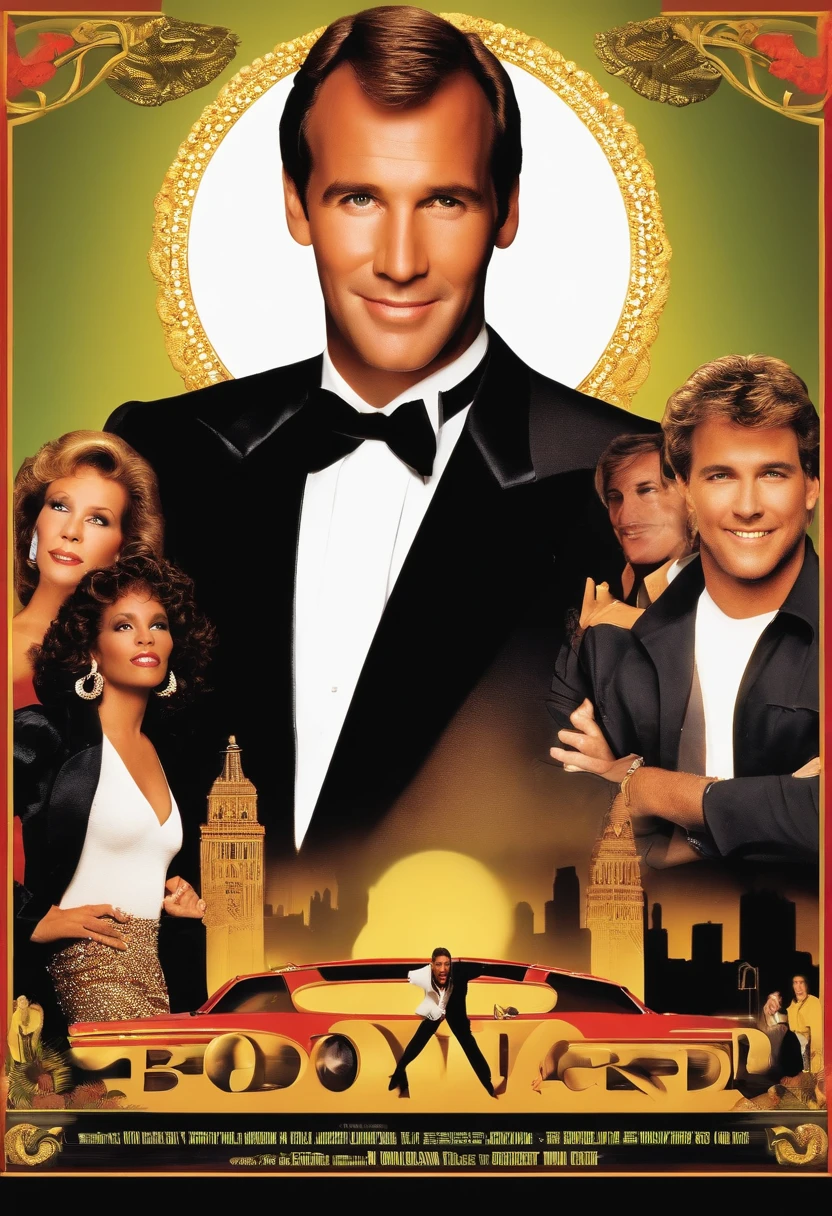 sitcom promo poster for 'The Bodyguard; Whitney Houston as a funny sitcom character; young Kevin Costner; 1980s' style sitcom poster; funny; Sharp details --ar 4:5 --s 10 --v 5.2 --style raw