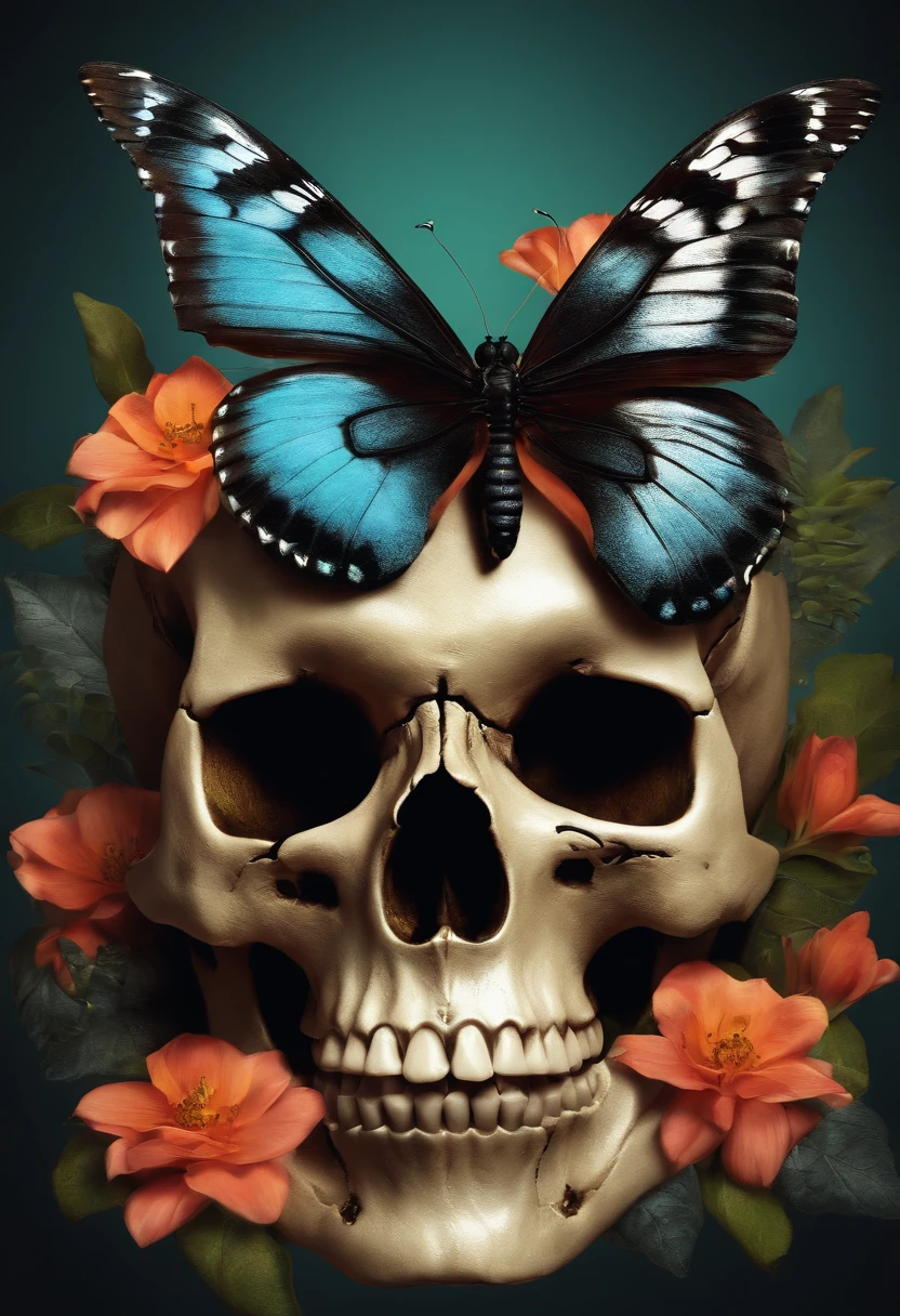 skull, wolfs, butterfly, flowers