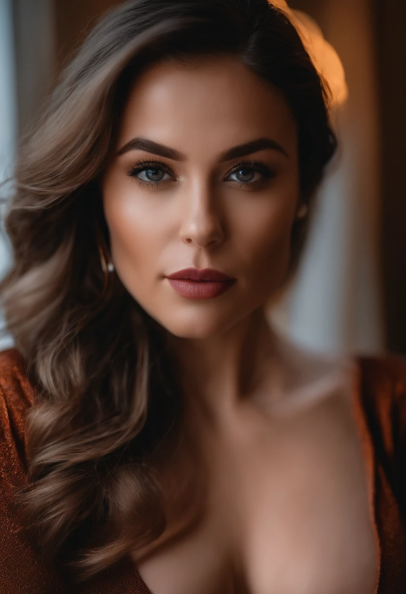 a close up of a woman with a medium size breast, perfect face model, in a hotel room, clothed