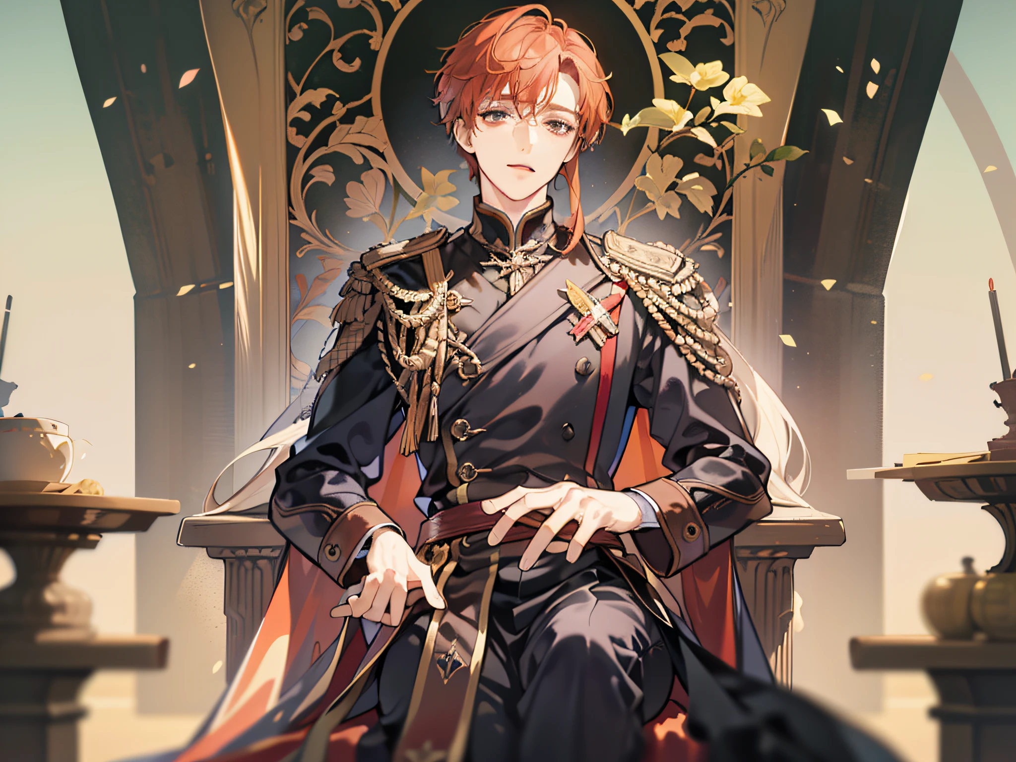 (1 man), (Young redhead man), (short wavy hairstyle), Wearing a black Regal costume, Sitting at the round table, Looking at the camera, Handsome young man, Nobel style, masterpiece artwork, Light Novel Cover Art Illustration, Soft sun lighting,a throne,Prince