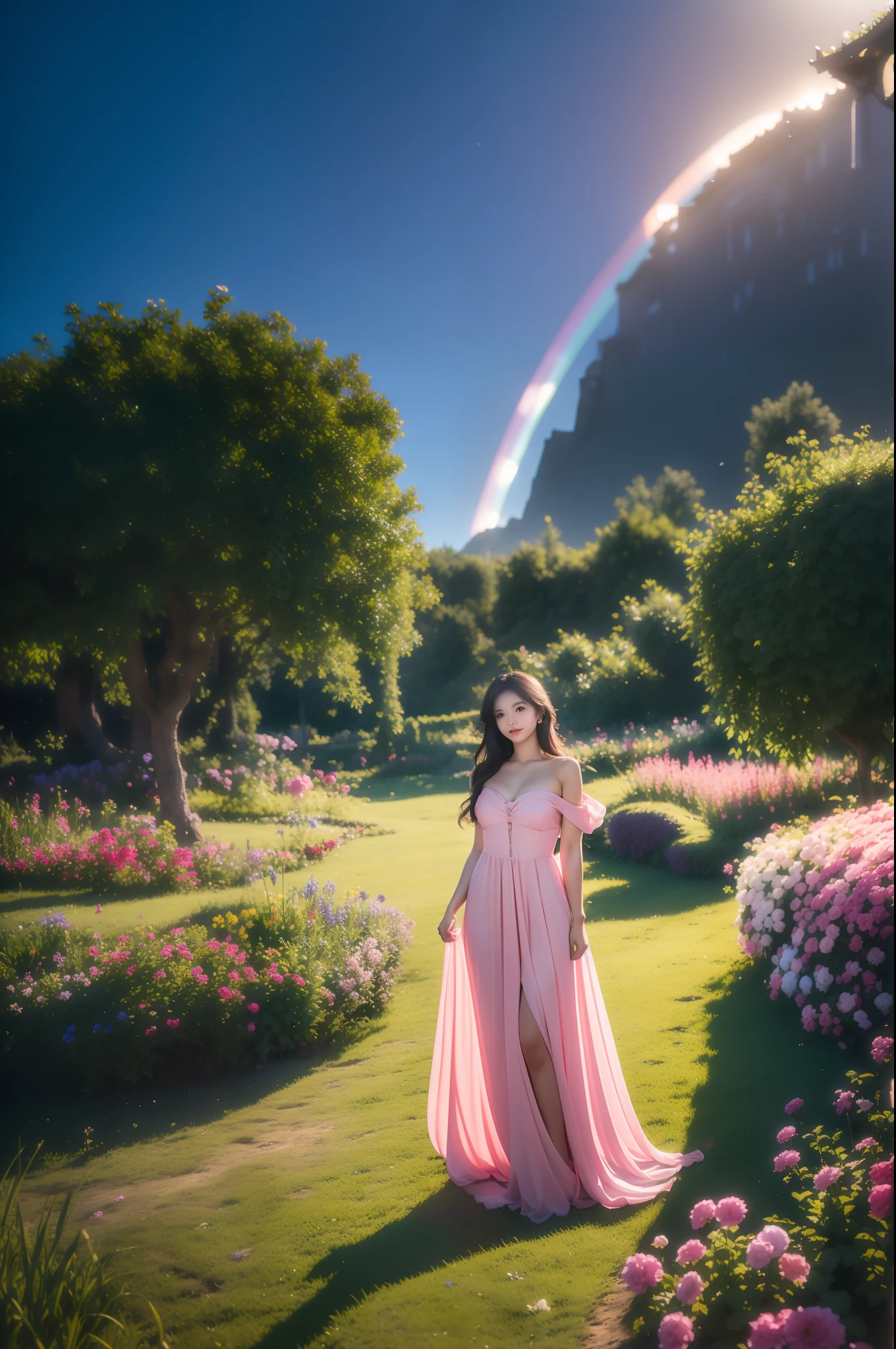 1girl, solo, full body, (masterpiece:1.21), (best quality:1.2), colorful, (illustration:1.2), (cinematic lighting:1.1), (bare shoulders:1.21), (collarbone:1.21) in this whimsical A beautiful and dreamlike garden, the scene is illuminated by a rainbow (colorful fireflies) dancing in the air. Pastel (drizzle) adorns the garden, creating a hazy and ethereal atmosphere. In the center of the picture, stands a single girl, an extremely beautiful girl, with lovely facial features and an innocent expression. Her long hair fluttered in the wind. She wore a low-cut strapless dress that accentuated her curves. The lighting is very delicate and beautiful, creating a soft warm glow that accentuates the water and makes it sparkle like a diamond. The finest grasses are also illuminated to create a lush carpet. The garden is surrounded by colorful flower fields with flowers of all colors and shapes. Various colors and sizes (coloured butterflies) can be seen flying around the scene, adding to the overall sense of wonder and magic. (Everyone, judges), a blush can be seen on the bridge of the nose, and the mouth is slightly opened, which adds to the overall sense of innocence and youth. Falling petals can be seen waving around her, adding to the overall sense of romance and beauty. The breeze is blowing, the leaves are rustling, and the flowers are swaying, adding to the overall dynamism and vitality. It is a scene of pure wonder and magic, full of color and beauty, where the viewer can lose themselves in this enchanting and captivating world.