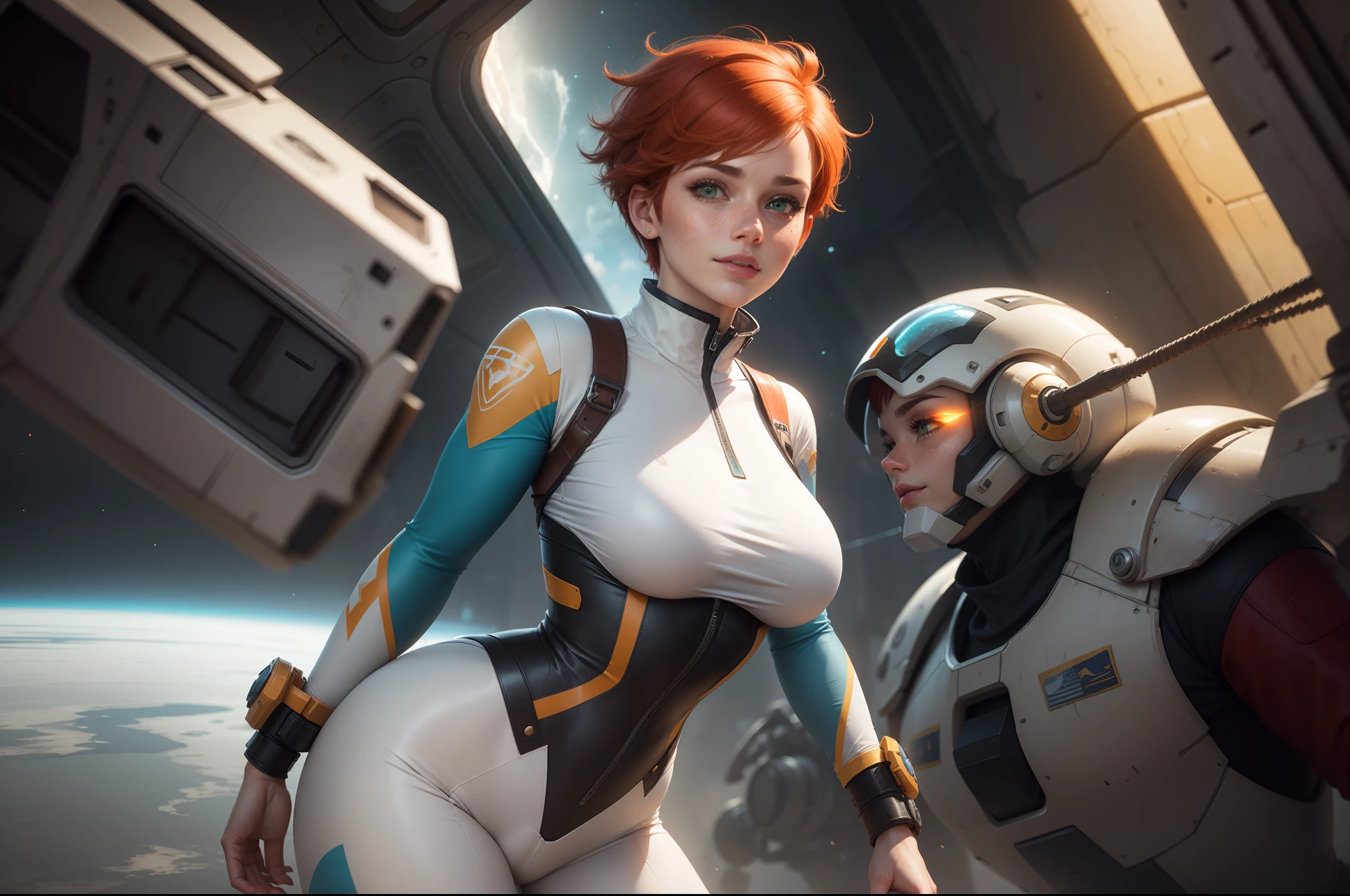 gwen tennyson,tracer,samus,rebecca chambers,overwatch,gundam,1girl,close up,mecha pilot,space port,mecha space suit,space marine,pirate corset, white long sleeve lycra top,wet shirt,white leggings,short hair,war makeup,green eyes,orange hair,hair highlights,shy smile,freckles,redhead,beautiful girl,large breasts,ultra detailed,realistic,fantasy art, ass up,from behind,