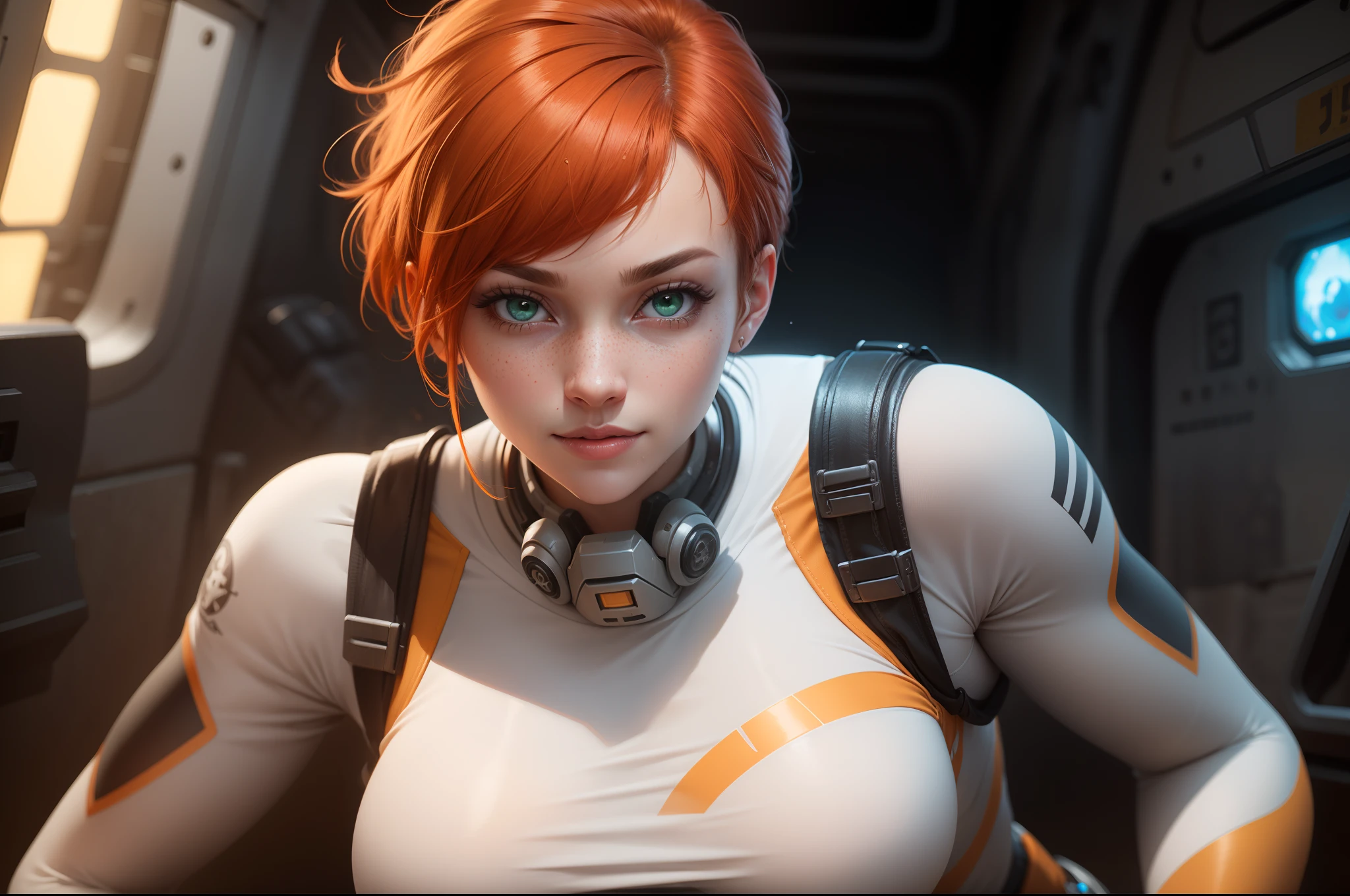 gwen tennyson,tracer,samus,rebecca chambers,overwatch,gundam,1girl,close up,mecha pilot,space port,mecha space suit,space marine,pirate corset, white long sleeve lycra top,wet shirt,white leggings,short hair,war makeup,green eyes,orange hair,hair highlights,shy smile,freckles,redhead,beautiful girl,large breasts,ultra detailed,realistic,fantasy art, from behind,