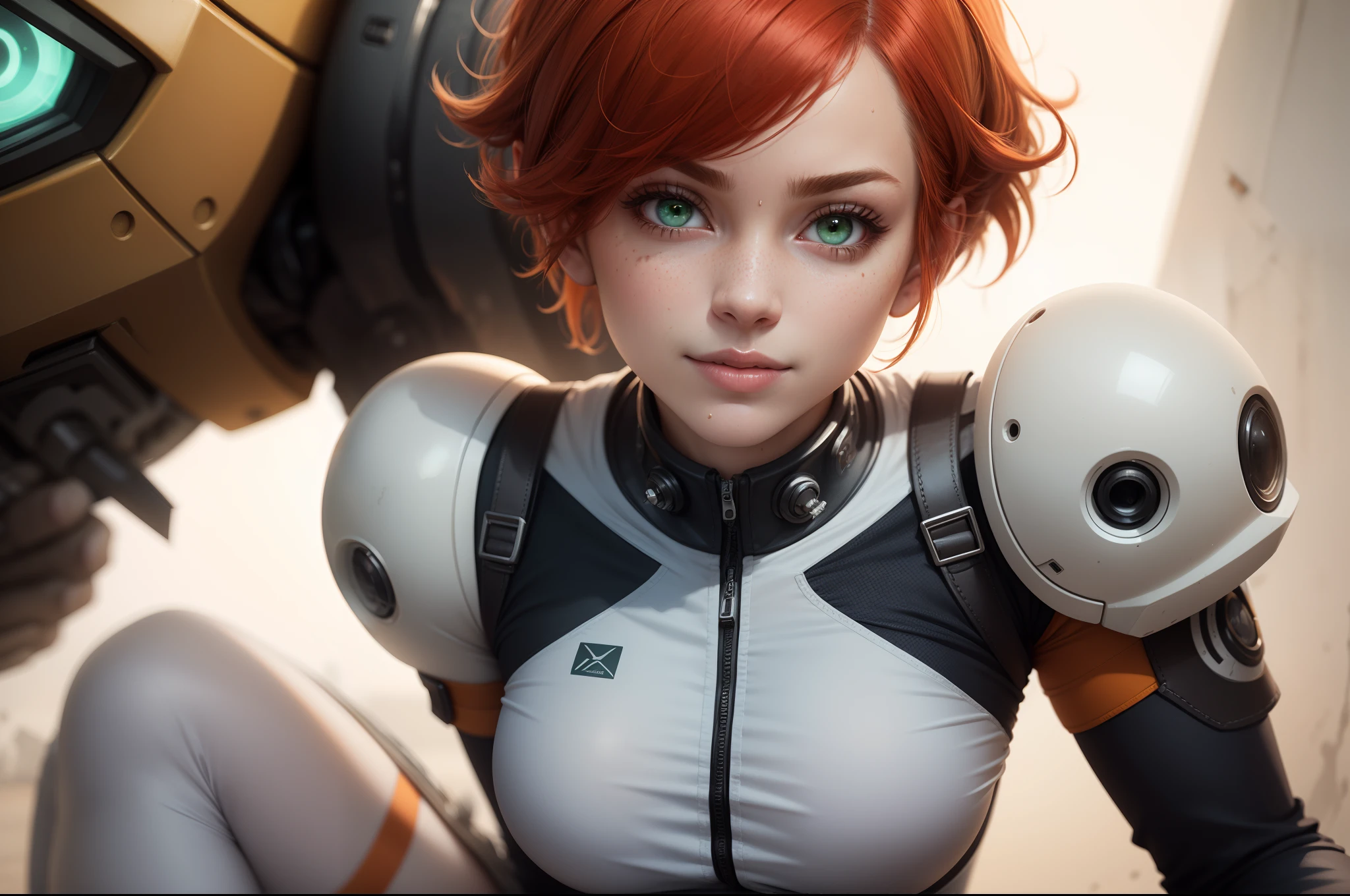 gwen tennyson,tracer,samus,rebecca chambers,overwatch,gundam,1girl,close up,mecha pilot,space port,mecha space suit,space marine,pirate corset, white long sleeve lycra top,wet shirt,white leggings,short hair,war makeup,green eyes,orange hair,hair highlights,shy smile,freckles,redhead,beautiful girl,large breasts,ultra detailed,realistic,fantasy art, from behind,