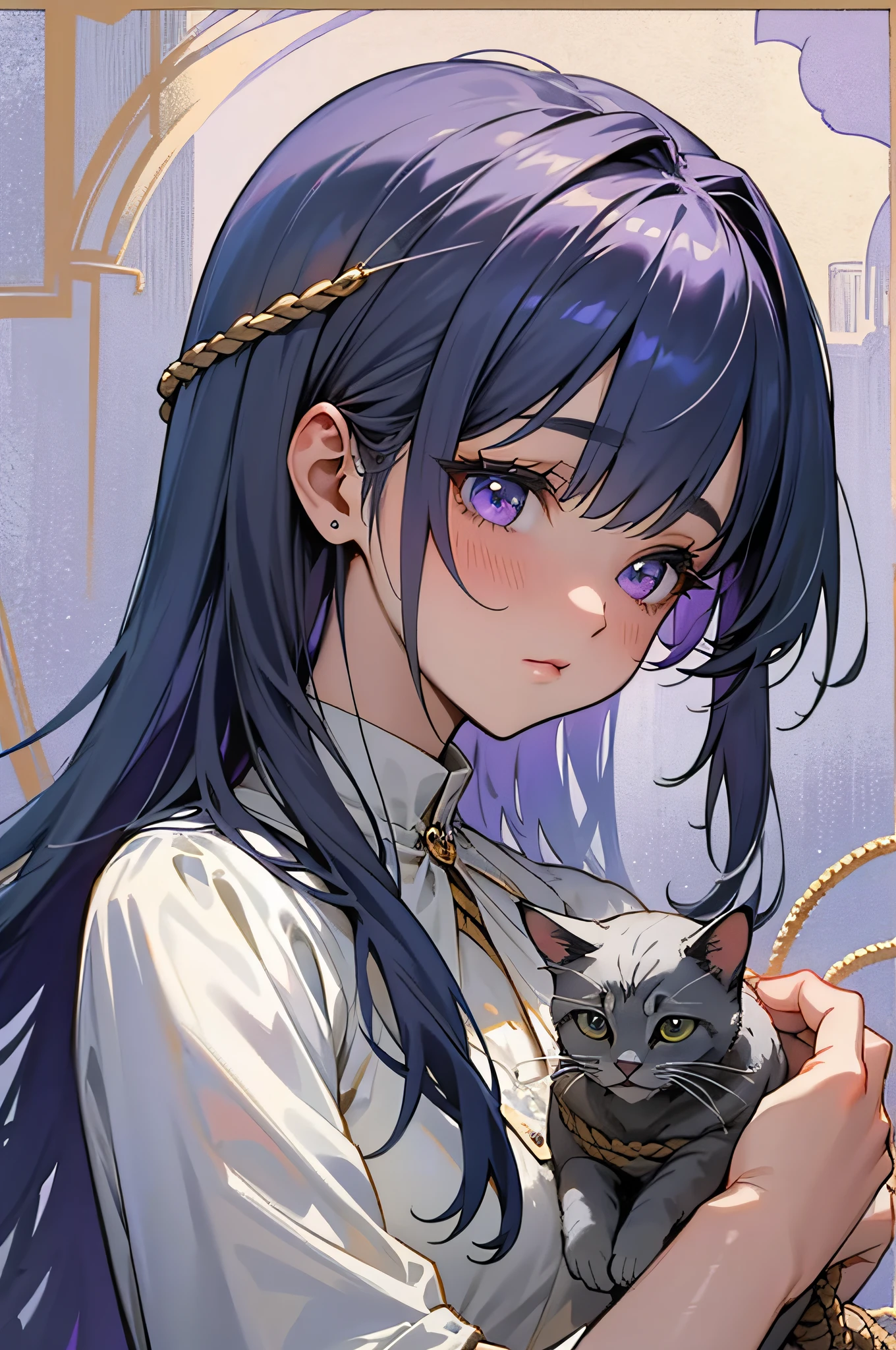 master-piece, beste-Qualit, Very Delicate and Beautiful Girl., Ultra-high detail, high-detail, beste-Qualit,bright lighting, Straw rope, mystifying, A dark-haired woman has a kitten perched on her head..,Bright purple tones,
