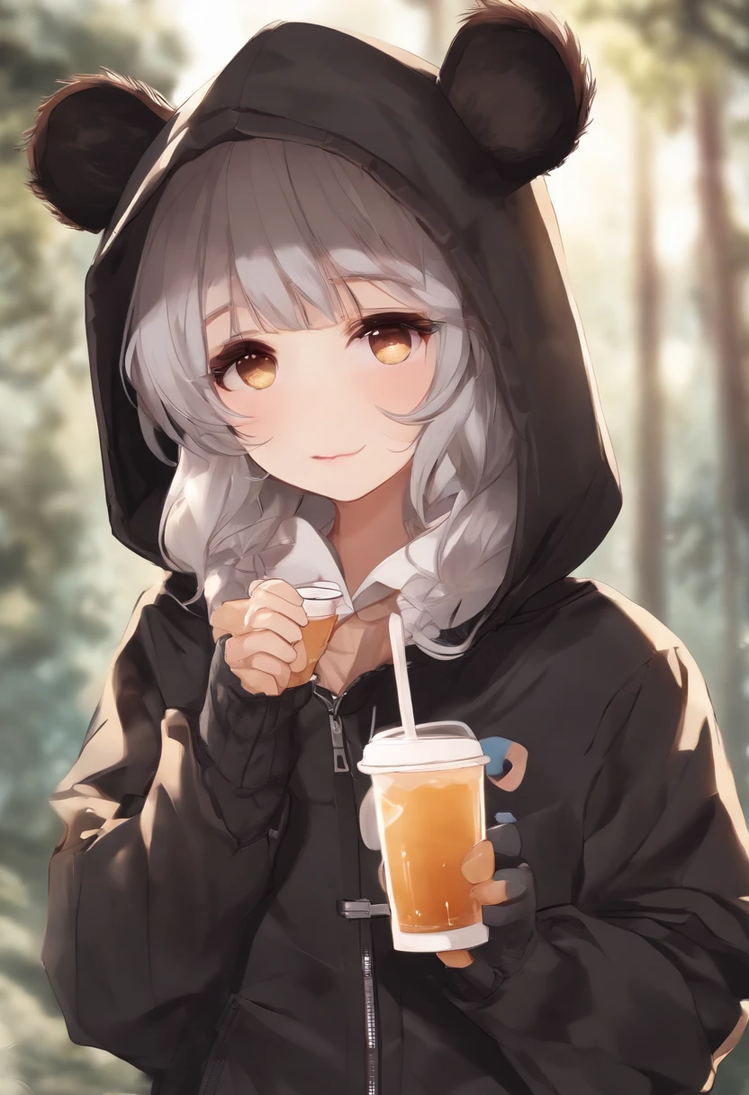 Memphis,1girl in, Big eyes,Solo, Jacket, Animal ears, gloves, tail, Upper body, hat, Holding, Brown hair, Open jacket, drinking straw, Black Gloves, Open your clothes, Long hair, pointy ear, Black jacket, Bubble tea, Brown eyes, Looking at Viewer, Shirt, Baseball Cap, holding cup, hoods, hooded jacket, hair between eye, blush, White shirt, animal ear fluff, ears through hat, Bangs, heart mark, Cute and adorable cartoons