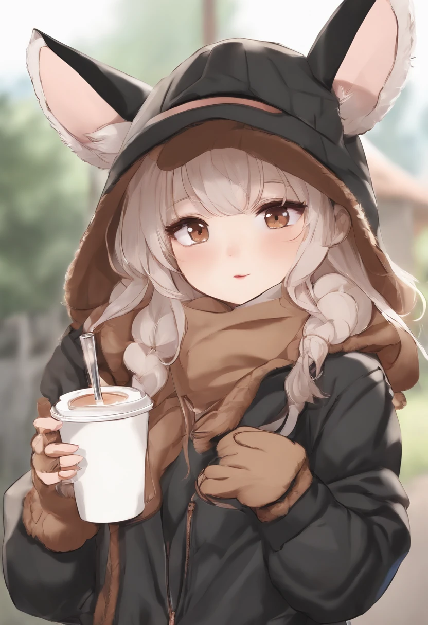 Memphis,1girl in, Big eyes,Solo, Jacket, Animal ears, gloves, tail, Upper body, hat, Holding, Brown hair, Open jacket, drinking straw, Black Gloves, Open your clothes, Long hair, pointy ear, Black jacket, Bubble tea, Brown eyes, Looking at Viewer, Shirt, Baseball Cap, holding cup, hoods, hooded jacket, hair between eye, blush, White shirt, animal ear fluff, ears through hat, Bangs, heart mark, Cute and adorable cartoons