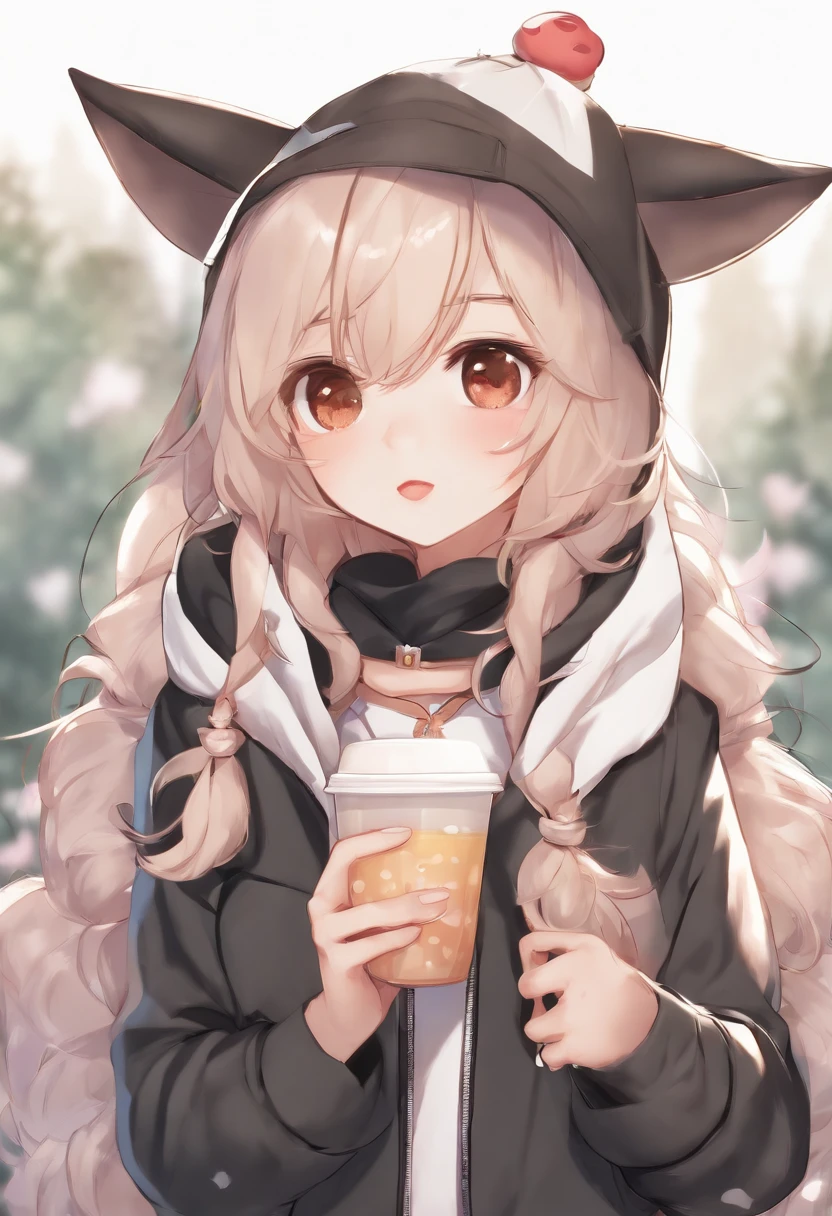 Memphis,1girl in, Big eyes,Solo, Jacket, Animal ears, gloves, tail, Upper body, hat, Holding, Brown hair, Open jacket, drinking straw, Black Gloves, Open your clothes, Long hair, pointy ear, Black jacket, Bubble tea, Brown eyes, Looking at Viewer, Shirt, Baseball Cap, holding cup, hoods, hooded jacket, hair between eye, blush, White shirt, animal ear fluff, ears through hat, Bangs, heart mark, Cute and adorable cartoons