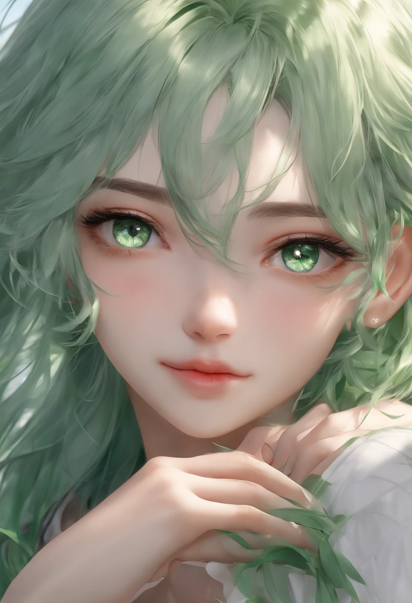 (Best Quality,4k,8K,hight resolution,Masterpiece:1.2),Ultra-detailed,(Realistic,Photorealistic,photo-realistic:1.37), green hair, Heterochromia of the eyes, Neko's Girl, covering his bare chest with his hand, Erotic, green hair, fluttering in the wind, beautiful detail eyes, detailed lips, detailed breasts