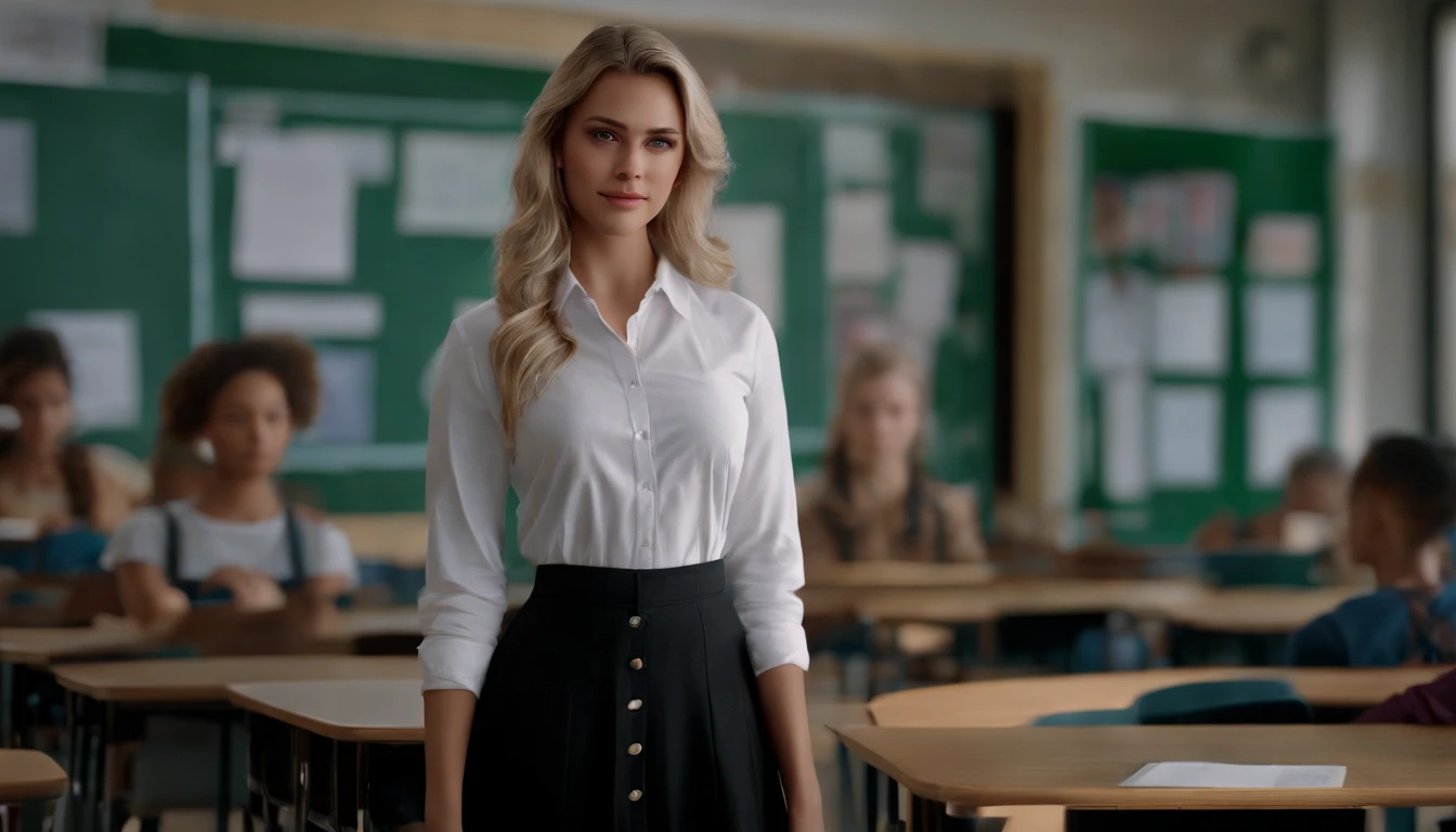 best quality, ultra high res, (photorealistic:1.4), 1girl, button shirt, black skirt, school, dark brown hair, breasts, (blonde hair:1.2), looking at viewer, (highly detailed face:1.1),, (PureErosFace_V1:0.8),tiktok,