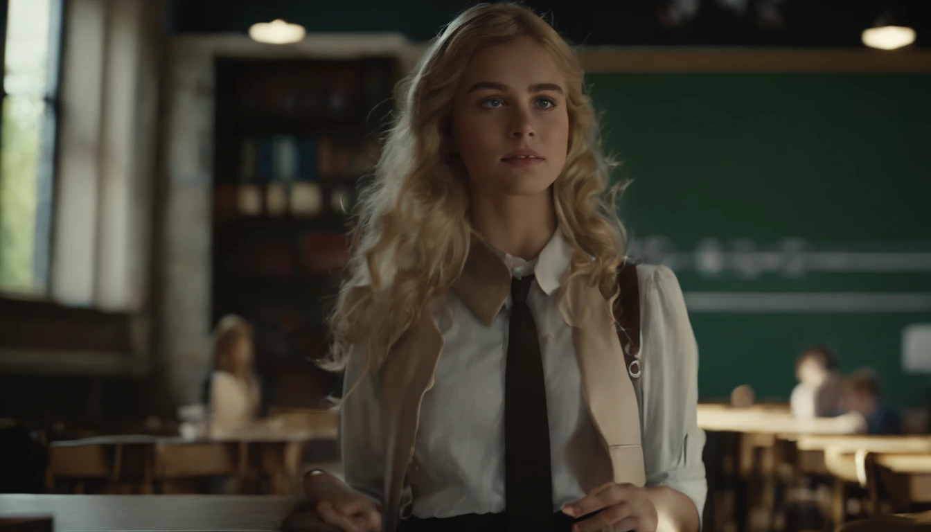 best quality, ultra high res, (photorealistic:1.4), 1girl, button shirt, black skirt, school, dark brown hair, breasts, (blonde hair:1.2), looking at viewer, (highly detailed face:1.1),,  (PureErosFace_V1:0.8),tiktok,