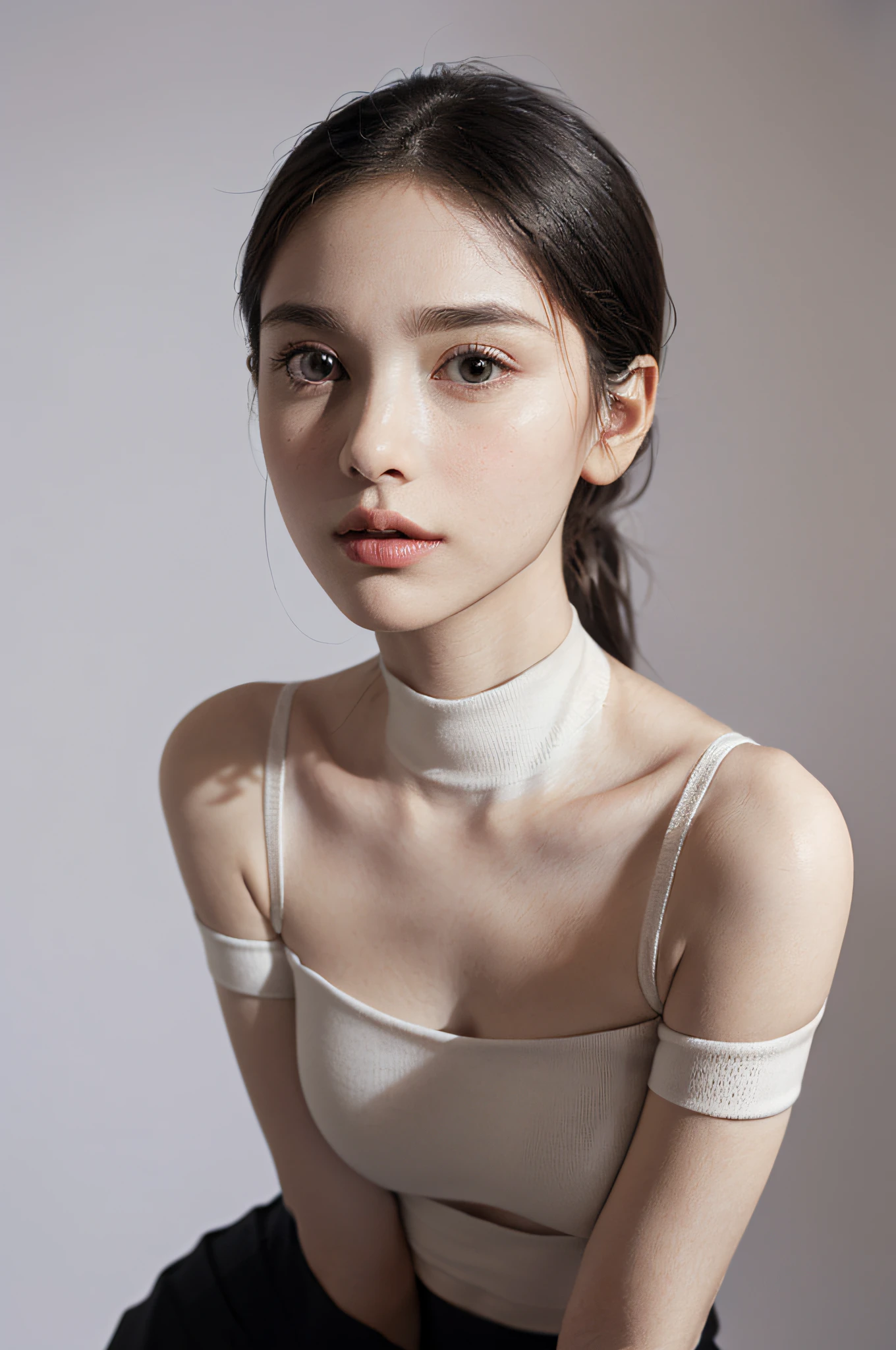 A woman in a white top and black pants posing for a picture - SeaArt AI