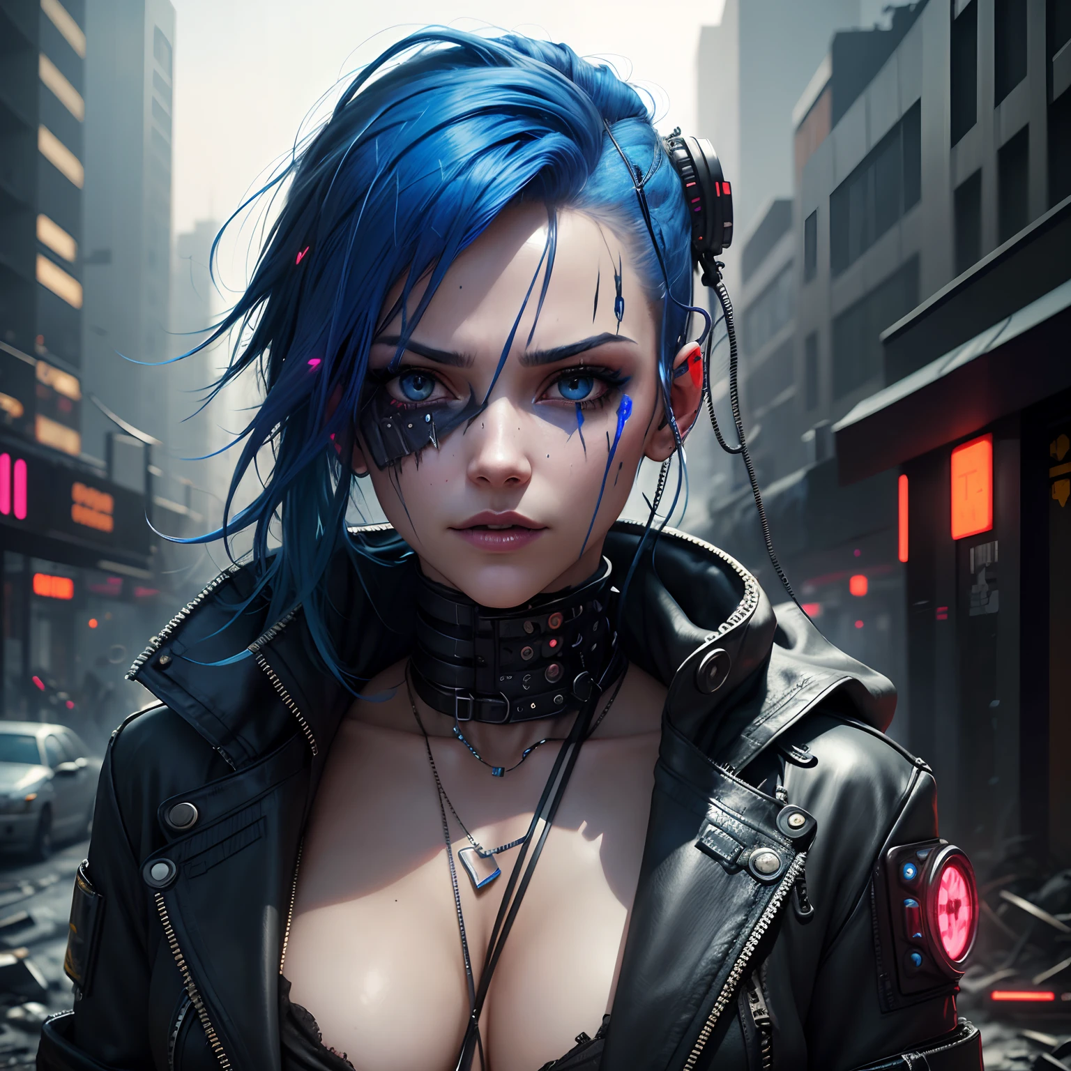 Cyberpunk, damged, lose a part of her face in war, wires came out in the lose part of face, trashed, cyberpunk damged, trashed in a big garbge, blue hair, sexy face, cyberpunk style, dominatrix