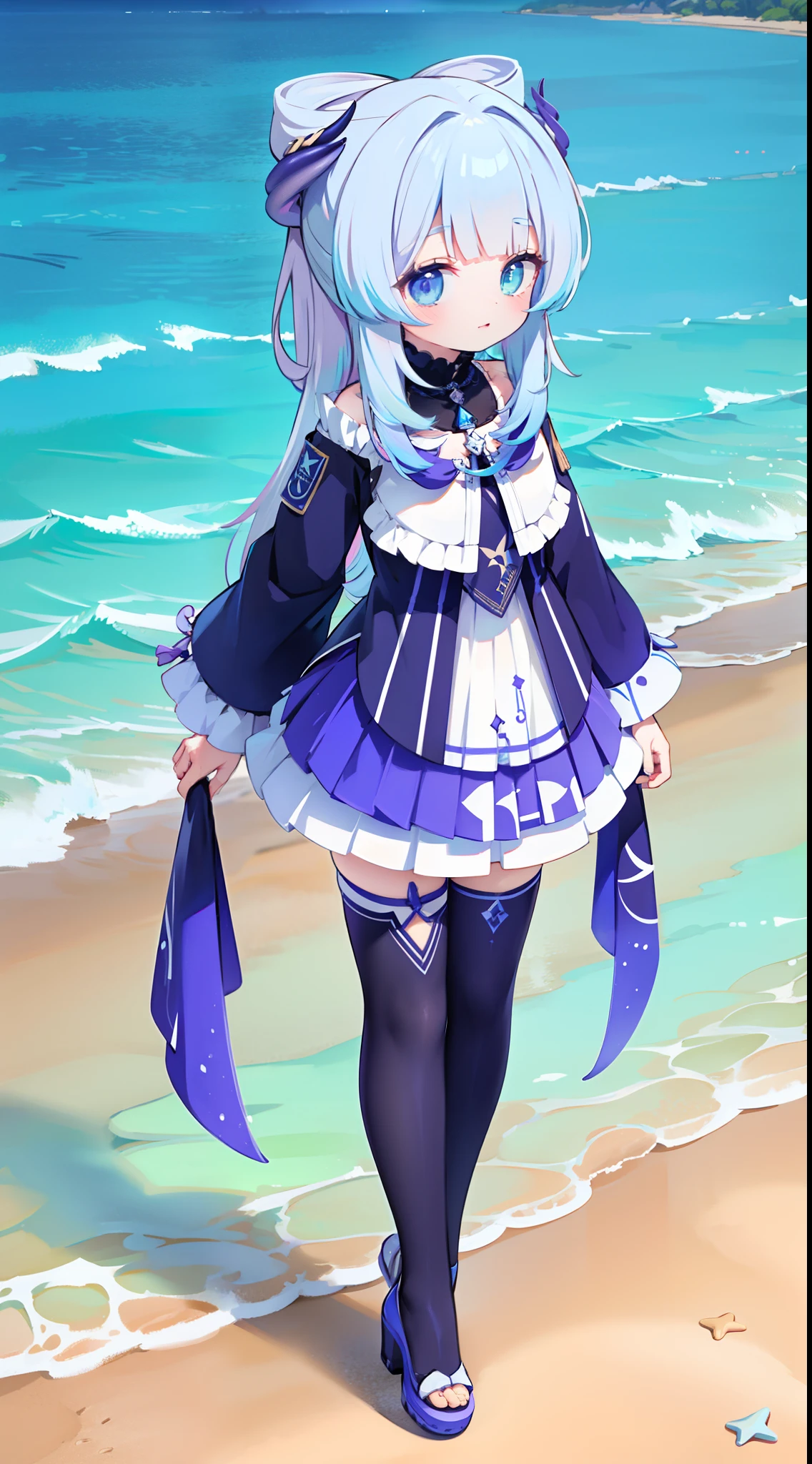 , Arknights style, looking at viewert, Extremely detailed Cg Unity 8K wallpaper, face to the viewer, ((Colorful:1.1)), ((Colored inner hair:1.4)), solo 1girl, Solo, White hair, Long hair, whaite hair, Devil Eyes, Heterochromia, Award-Awarded, ta wears a short skirt,Hosiery,high-heels,k hd, 4K,beachside