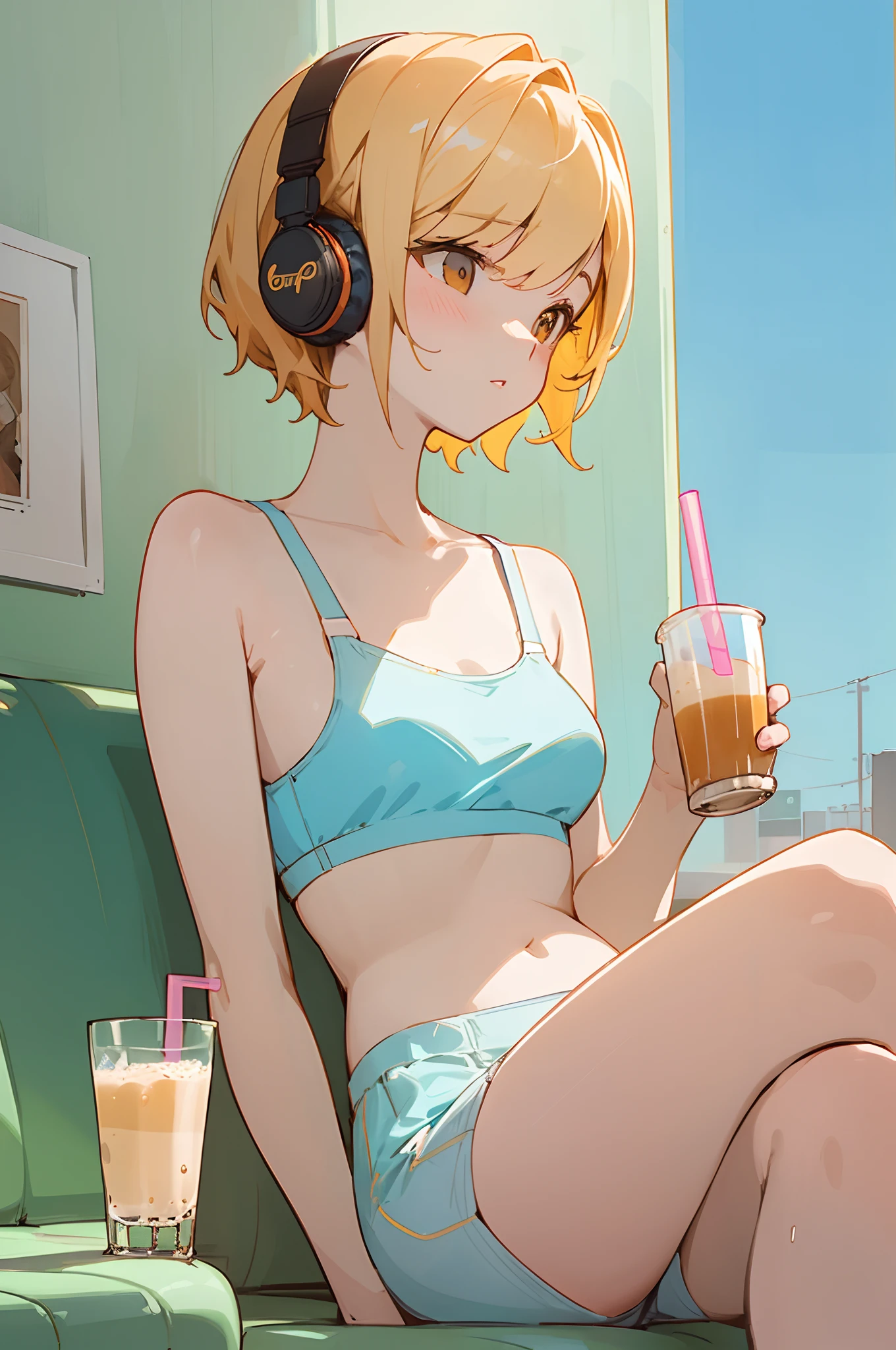 (masterpiece, best quality) detailed, 1Character , blue archive art style  , pastel washed out colors , cell shade ,Morning scene , drinking coffee, high detail in the drink , sunny day , at a coffee shop , dynamic angle ,
 
Wearing a red sports bra, has headphones around neck , sunglasses ,

Stunning woman , short hair , blonde hair , orange eyes , no pupils , pink lips , pale skin , age 26,
