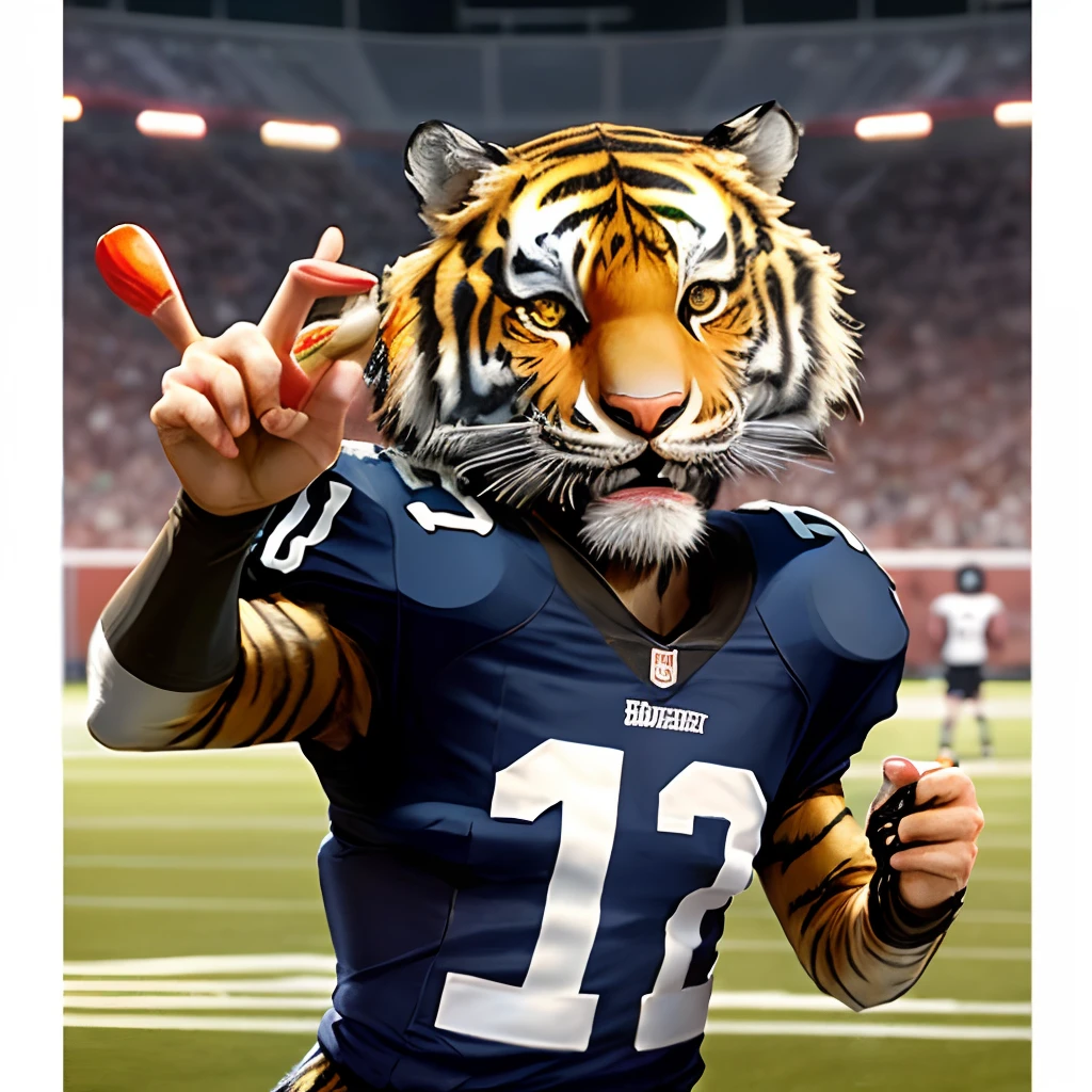 A human like tiger holding a football flicking the camera off with a blunt in his mouth