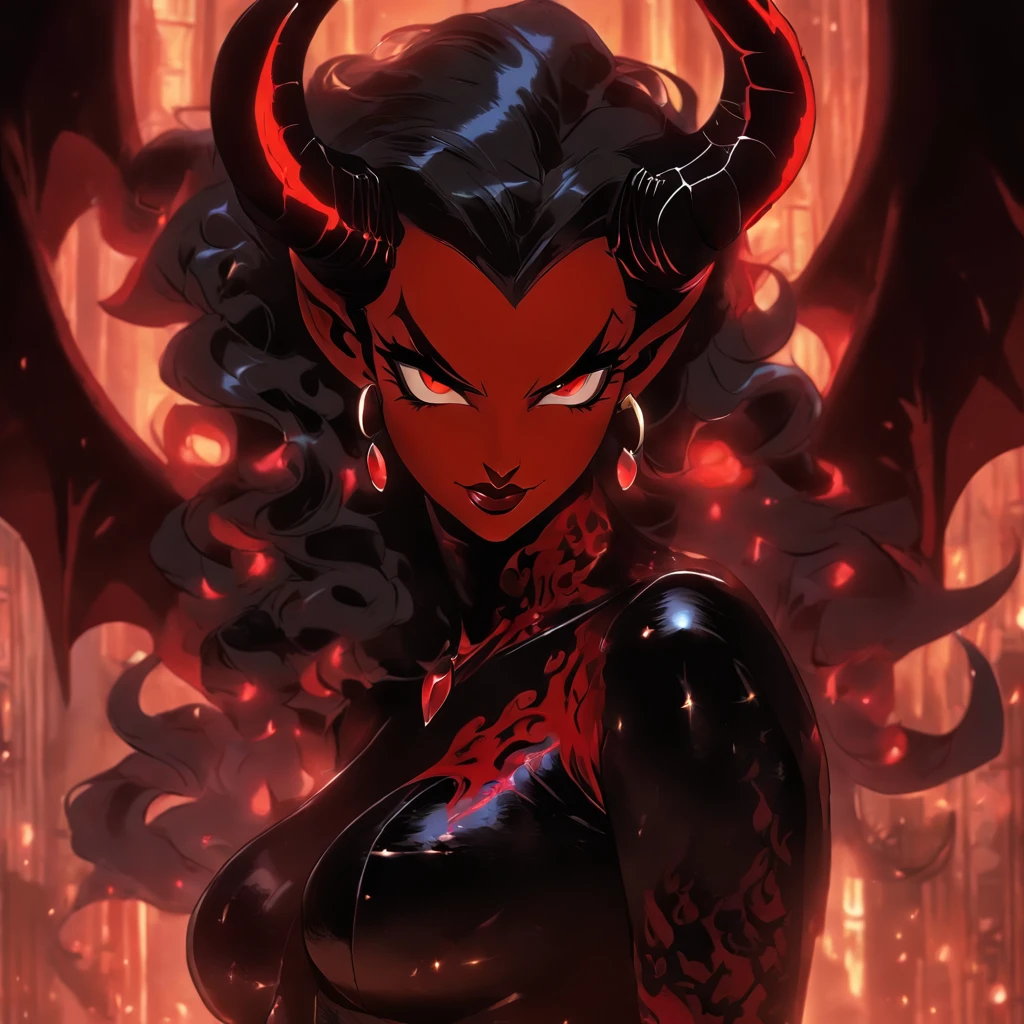 (best quality,4k,8k,highres,masterpiece:1.2),ultra-detailed,(realistic,photorealistic,photo-realistic:1.37),hot thicc succubus mama with long black hair, intense black lips, wearing a revealing black leather outfit adorned with BDSM elements. Her attire consists of a seductive bustier, accentuating her voluptuous figure. Her skin is a captivating shade of fiery red, exuding a demonic allure. Elegantly sprouting from her back are a pair of majestic demon wings, exquisitely detailed with intricate patterns. Atop her head, she possesses mesmerizing tiefling horns, exemplifying her otherworldly presence. The artwork should capture her enticing aura, showcasing her confidence and power. The light in the scene should emphasize the seductive curves of her body, casting dramatic shadows and highlights. The color palette should evoke a sense of darkness and desire, with rich contrasting tones of black, red, and deep maroons.