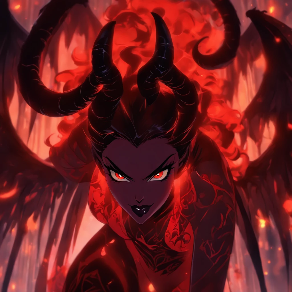 (best quality,4k,8k,highres,masterpiece:1.2),ultra-detailed,(realistic,photorealistic,photo-realistic:1.37),hot thicc succubus mama with long black hair, intense black lips, wearing a revealing black leather outfit adorned with BDSM elements. Her attire consists of a seductive bustier, accentuating her voluptuous figure. Her skin is a captivating shade of fiery red, exuding a demonic allure. Elegantly sprouting from her back are a pair of majestic demon wings, exquisitely detailed with intricate patterns. Atop her head, she possesses mesmerizing tiefling horns, exemplifying her otherworldly presence. The artwork should capture her enticing aura, showcasing her confidence and power. The light in the scene should emphasize the seductive curves of her body, casting dramatic shadows and highlights. The color palette should evoke a sense of darkness and desire, with rich contrasting tones of black, red, and deep maroons.