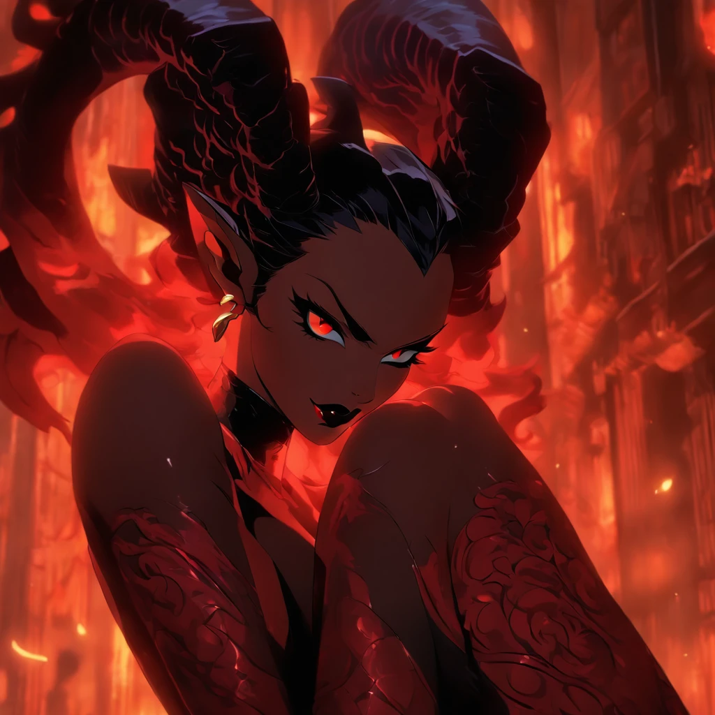 (best quality,4k,8k,highres,masterpiece:1.2),ultra-detailed,(realistic,photorealistic,photo-realistic:1.37),hot thicc succubus mama with long black hair, intense black lips, wearing a revealing black leather outfit adorned with BDSM elements. Her attire consists of a seductive bustier, accentuating her voluptuous figure. Her skin is a captivating shade of fiery red, exuding a demonic allure. Elegantly sprouting from her back are a pair of majestic demon wings, exquisitely detailed with intricate patterns. Atop her head, she possesses mesmerizing tiefling horns, exemplifying her otherworldly presence. The artwork should capture her enticing aura, showcasing her confidence and power. The light in the scene should emphasize the seductive curves of her body, casting dramatic shadows and highlights. The color palette should evoke a sense of darkness and desire, with rich contrasting tones of black, red, and deep maroons.
