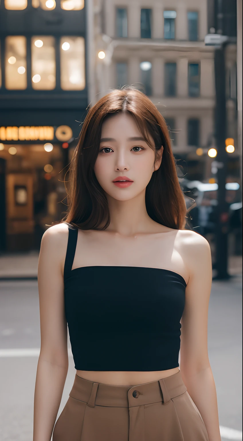 ((photorealistic lighting, Top Quality, 8K, masterpiece: 1.3)), Clear Focus: 1.2, 1Girl, Perfect Figure: 1.4, Slim Abs: 1.1, ((Dark-brown hair)), (Cropped Top: 1.4), (plein air, nighttime: 1.1), City streets, Ultra-fine face, Fair eyes, Double eyelidd, idol, miniskirt