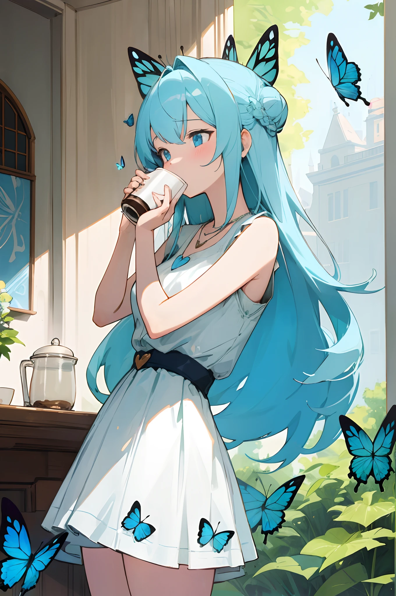 (masterpiece, best quality) detailed, 1Character , blue archive art style  , pastel washed out colors , cell shade ,Morning scene , drinking coffee, high detail in the drink , sunny day , at a coffee shop , dynamic angle ,
 
Wearing a white sleeveless dress , short skirt, hair in a bun, heart necklace, 

Stunning woman , long hair , light blue hair , almond shaped eyes , surrounded by neon blue butterflies, age 24,