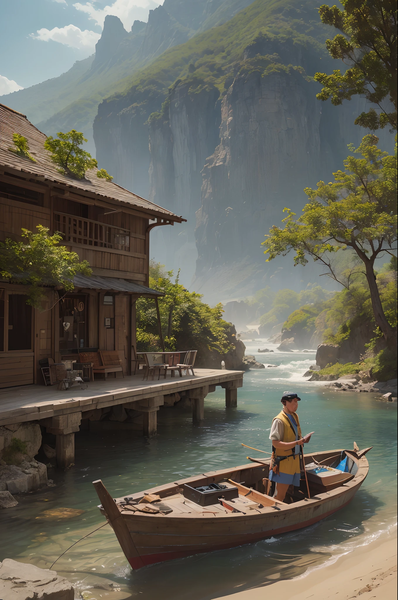 There is a fishing boat on the sea coast, Trabalhadores arrastam rede de pesca, illustration matte painting, inspirado por Thomas Kinkade, symmetric matte painting, detailed cenary , estilo cru, 8 k ultra detalhado, environment design illustration, scenery art detailed, vista para o mar, Conceito-Arte, Arte digital altamente detalhada em 4k, Pintura digital 4K, Pintura digital 4k, stunning digital illustration, fundo do deserto, arte conceitual de pintura digital, pintura digital detalhada
