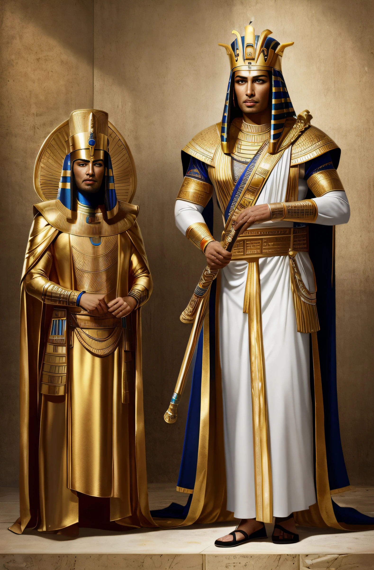 Homem, Egyptian king, All dressed in clothes from the Egyptian era of kings, Akenaton, osiris, Isis, rei egipcio com uma tunida branca e dourada, appearing standing with the whole body in sight appearing the whole strong body with a white tunic with a golden scepter to the right Mao, standing looking forward , imponente, com idade de 60 anos. vestido todo de branco com dourado