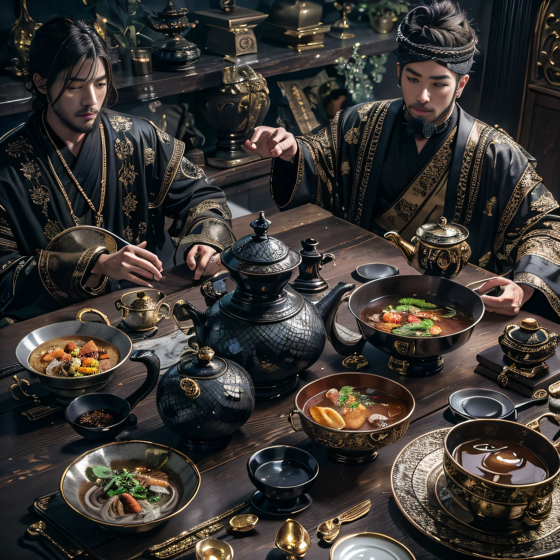 6 manly men,Top image quality,8K,conference site,In the canyon ancient temple,View desktops all,Six male immortals,Black gold python robe crane relief,Gourd tea set,Six dishes and one soup,A masterpiece of telephoto photography,Realisticstyle,hyper photorealism, Cinematic lighting, projected inset,Black sky-braided