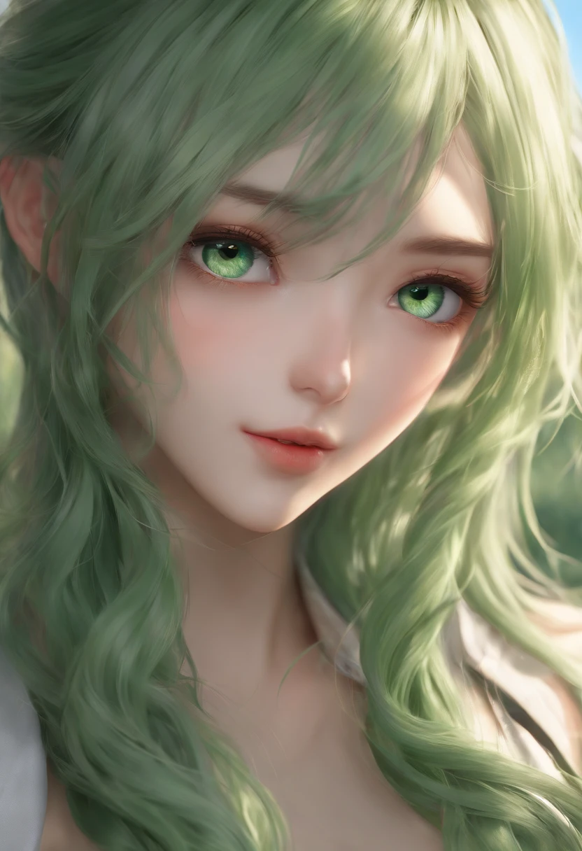 (Best Quality,4k,8K,hight resolution,Masterpiece:1.2),Ultra-detailed,(Realistic,Photorealistic,photo-realistic:1.37), green hair, Heterochromia of the eyes, Neko's Girl, covering his bare chest with his hand, Erotic, green hair, fluttering in the wind, beautiful detail eyes, detailed lips, detailed breast