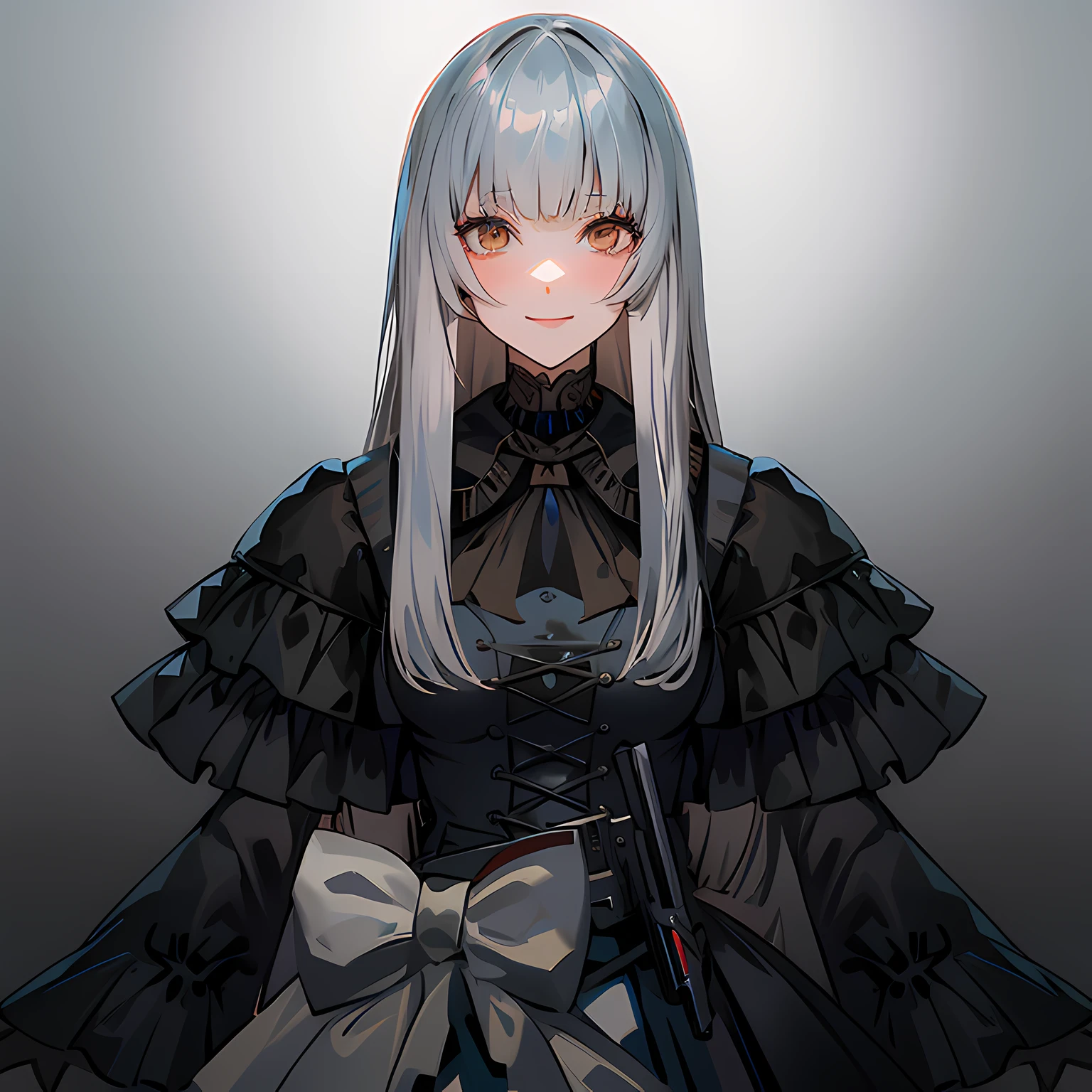 Anime girl with long hair and black dress with bow, girls frontline style, Fine details, Black hair and white inner color, light bule eyes, Iris iris, Gothic Maiden anime girl, girls frontline cg, portrait gapmoe yandere grimdark, portrait of ta, girls' frontline, girls frontline universe, character art of maple story, a smile, Smile with all your might