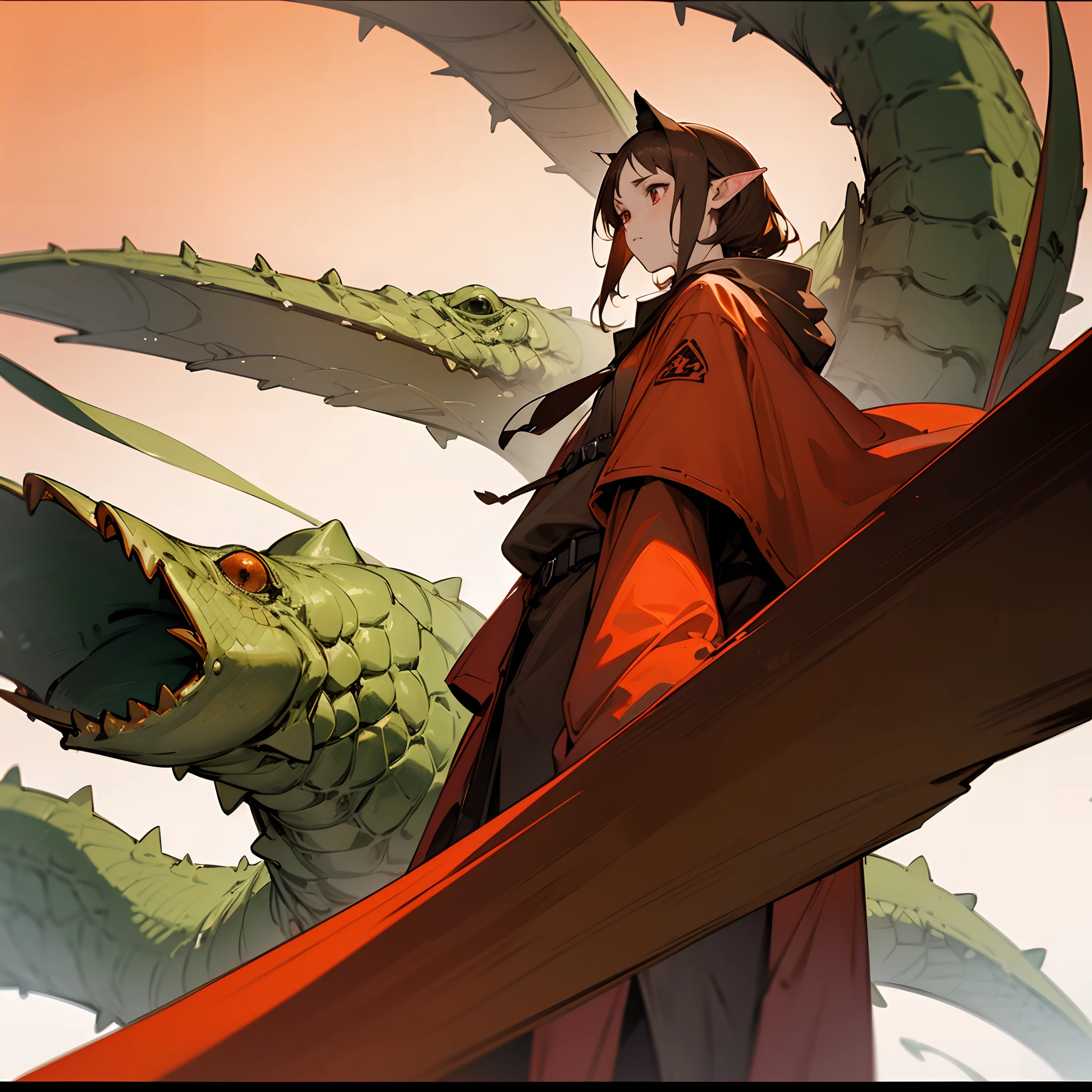 bit girl,Brown hair,red color eyes,Brown lab coat,elvish ears,alligators,Dangerous atmosphere,Huge crocodile
