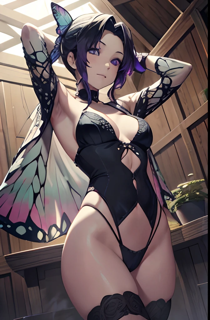 Ultra-realistic 8kCG,tmasterpiece,((hyper detailed background,delicate patterns,intricate-detail)),best qualtiy,extremely detailed man,extremely detailed eye and face,extremely detailed eye,kochou shinobu,O cabelo multicolorido,No bangs,Hair intake,Black eye,Cap,Black shirt,Black panties,(The bikini),butterflys,Strip Strip,(Trepical Garden:1.2),purple flower,Mostly cloudy sky,rays of sunshine,Tyndall effect,gradient_Heaven,faces,Beautiful sky,Saber on the waist,enchanting posture,(large full breasts:1.3),(cleaveage:1.3),(Off-the-shoulder costumes:1.5),ssmile, Appearance from behind, butt sticks out