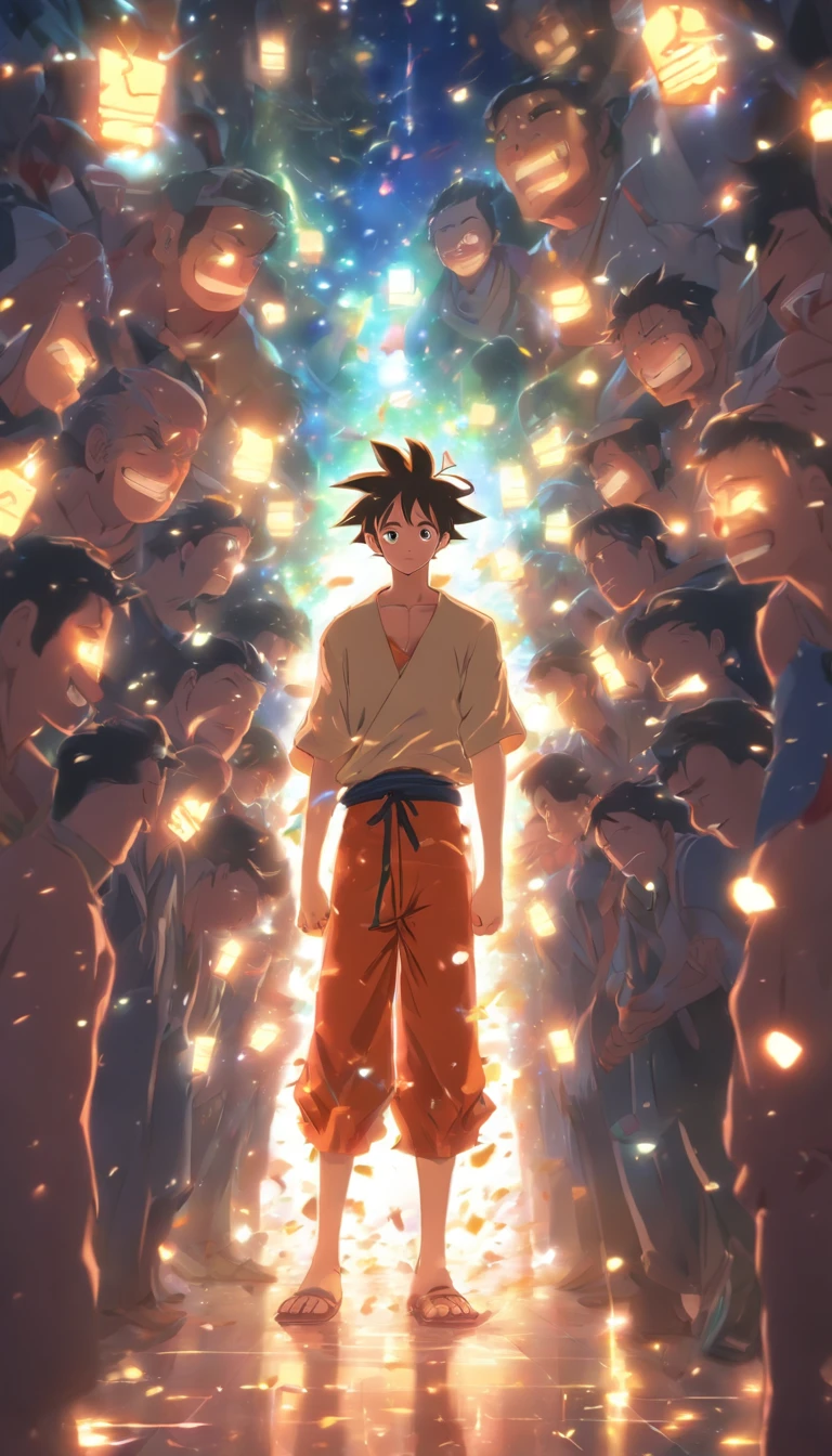 /imagine prompt: A smiling man standing in the middle of the hall, Surrounded by a group of injured people. After listening to Elder He's teachings, They all left to take care of the wounds. The man in the middle of the hall laughed, Seems happy with their performance. ,32K, Best quality, Masterpiece, Super detail, High details, By Makoto Shinkai ,in the style of the stars art group xing xing, --niji 5"
