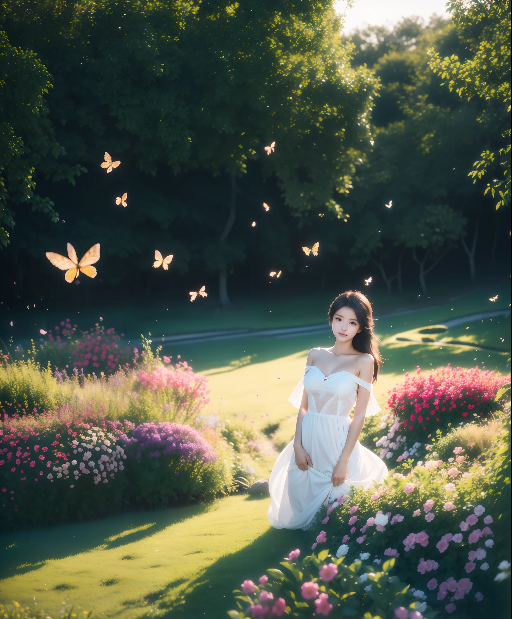 1girl, solo, full body, (masterpiece:1.21), (best quality:1.2), colorful, (illustration:1.2), (cinematic lighting:1.1), (bare shoulders:1.21), (collarbone:1.21) in this whimsical A beautiful and dreamlike garden, the scene is illuminated by a rainbow (colorful fireflies) dancing in the air. Pastel (drizzle) adorns the garden, creating a hazy and ethereal atmosphere. In the center of the picture, stands a single girl, an extremely beautiful girl, with lovely facial features and an innocent expression. Her long hair fluttered in the wind. She wore a low-cut strapless dress that accentuated her curves. The lighting is very delicate and beautiful, creating a soft warm glow that accentuates the water and makes it sparkle like a diamond. The finest grasses are also illuminated to create a lush carpet. The garden is surrounded by colorful flower fields with flowers of all colors and shapes. Various colors and sizes (coloured butterflies) can be seen flying around the scene, adding to the overall sense of wonder and magic. (Everyone, judges), a blush can be seen on the bridge of the nose, and the mouth is slightly opened, which adds to the overall sense of innocence and youth. Falling petals can be seen waving around her, adding to the overall sense of romance and beauty. The breeze is blowing, the leaves are rustling, and the flowers are swaying, adding to the overall dynamism and vitality. It is a scene of pure wonder and magic, full of color and beauty, where the viewer can lose themselves in this enchanting and captivating world.